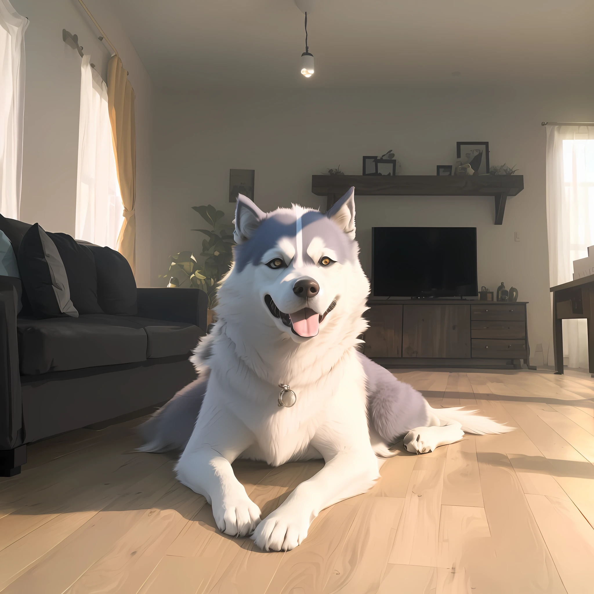 Allafed Husky dog lying on the floor of living room, ultra-realistic picture, Realistic picture, style of surrealism, photo realistic style, high quality photorealism, realistic 3 d style, hyperreal rendering, Realistic afternoon lighting, ultra realistic 3d illustration, realistic pictures, Realistic style, semi - realistic render, hyper realistic fur, [ 4 K photorealism ]