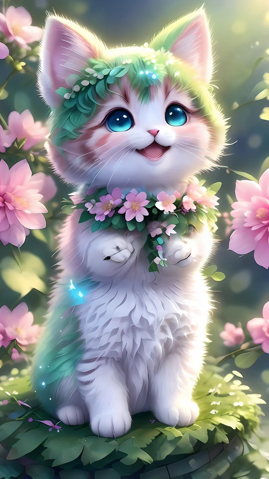 , Realistis, shaggy, (Kitten dressed), an cheeks, full bodyesbian, Non-human, ssmile, sparkle eyes, Minitary, Sit on a branch, lying down,In pink,Left!!!
