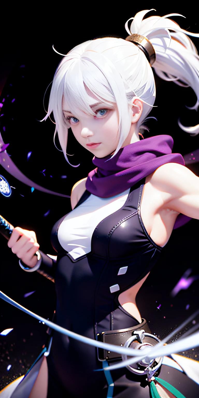 upper body, 1girl, white hair, ponytail, purple eyes, (ninja), short sword, medium breats ,scarf, wallpaper, magic circle background, light particles, blue fire,