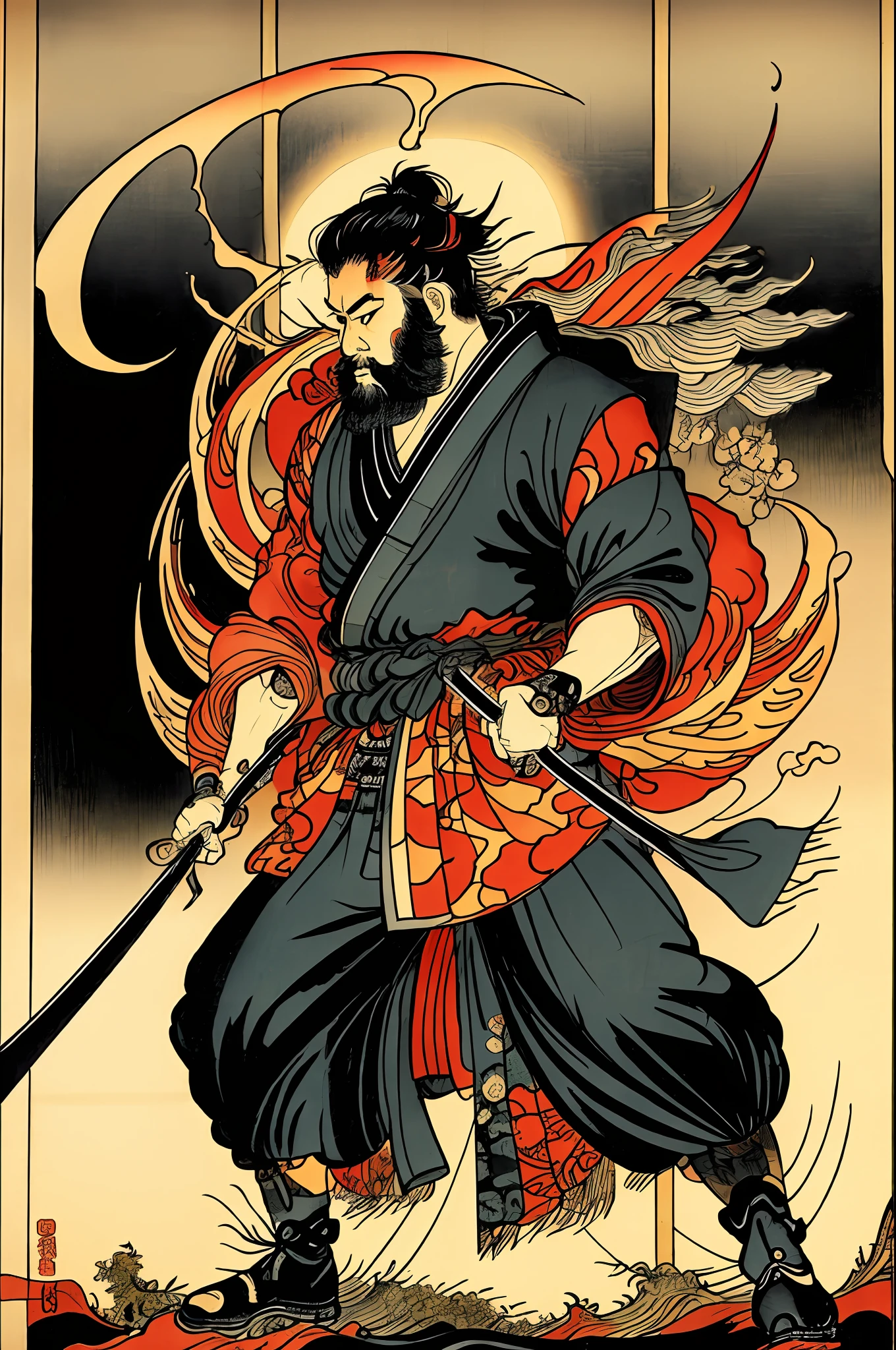 It is a full-body painting with natural colors in the style of ukiyo-e. A Japan samurai with a large body like a strongman. He has a rough face, short black hair, and a short, trimmed beard. He wears a black kimono. The hakama should be a little longer and draw in a flowing shape that flutters in the wind. He holds a sword in his right hand with flames coming out of his Japan sword. The background is a swirling flame in Katsushika Hokusai style. Masterpiece high-resolution ukiyo-e style, with the highest quality