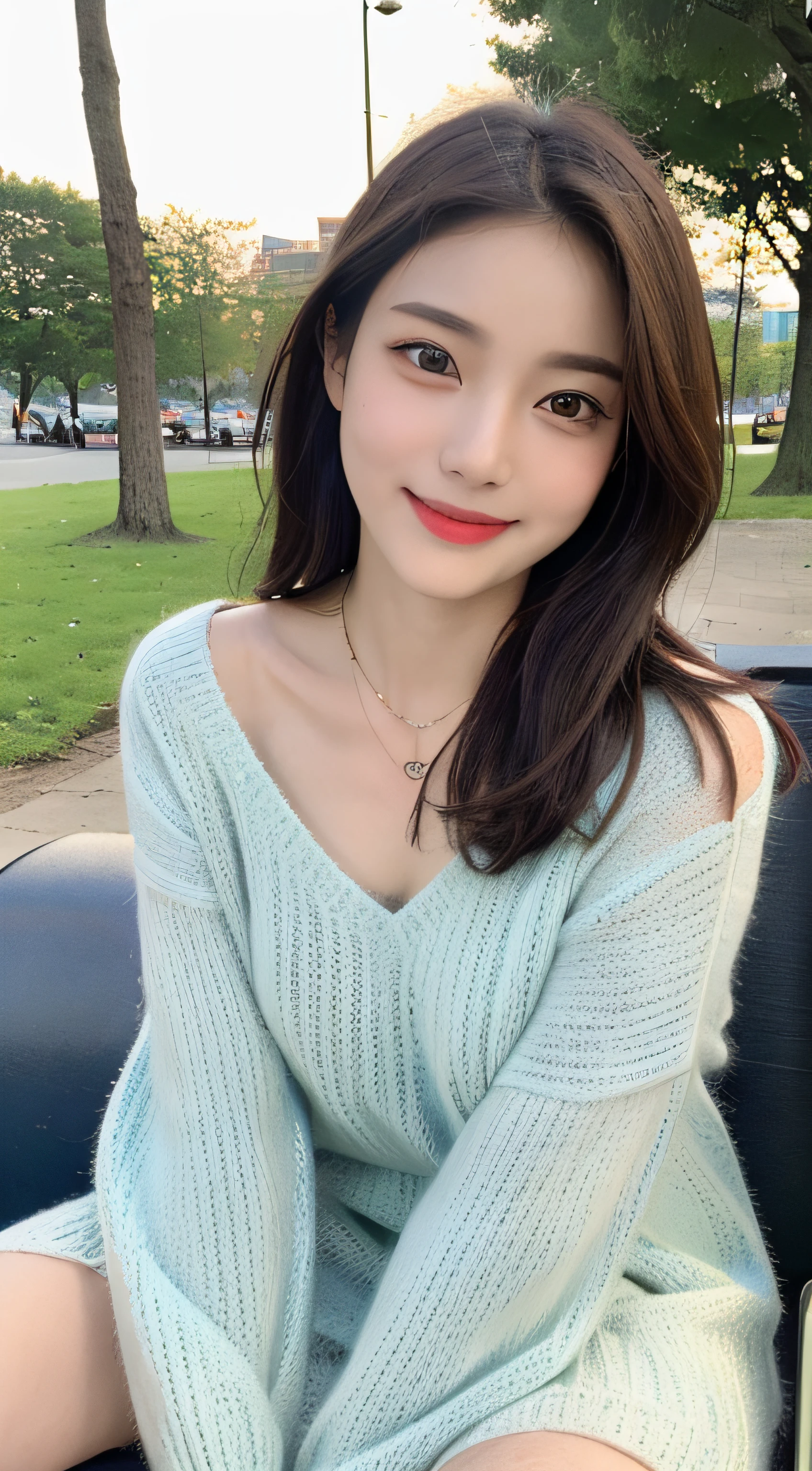 ((top quality, 8k, masterpiece: 1.3)), focus: 1.2, perfect body beauty: 1.4, buttocks: 1.2, (((delicate hair)), (sweater dress: 1.1), (sports car, street: 1.2), highly detailed face and skin texture, narrow eyes, double eyelids, whitened skin, smile, necklace, ring, person sitting on a park bench.