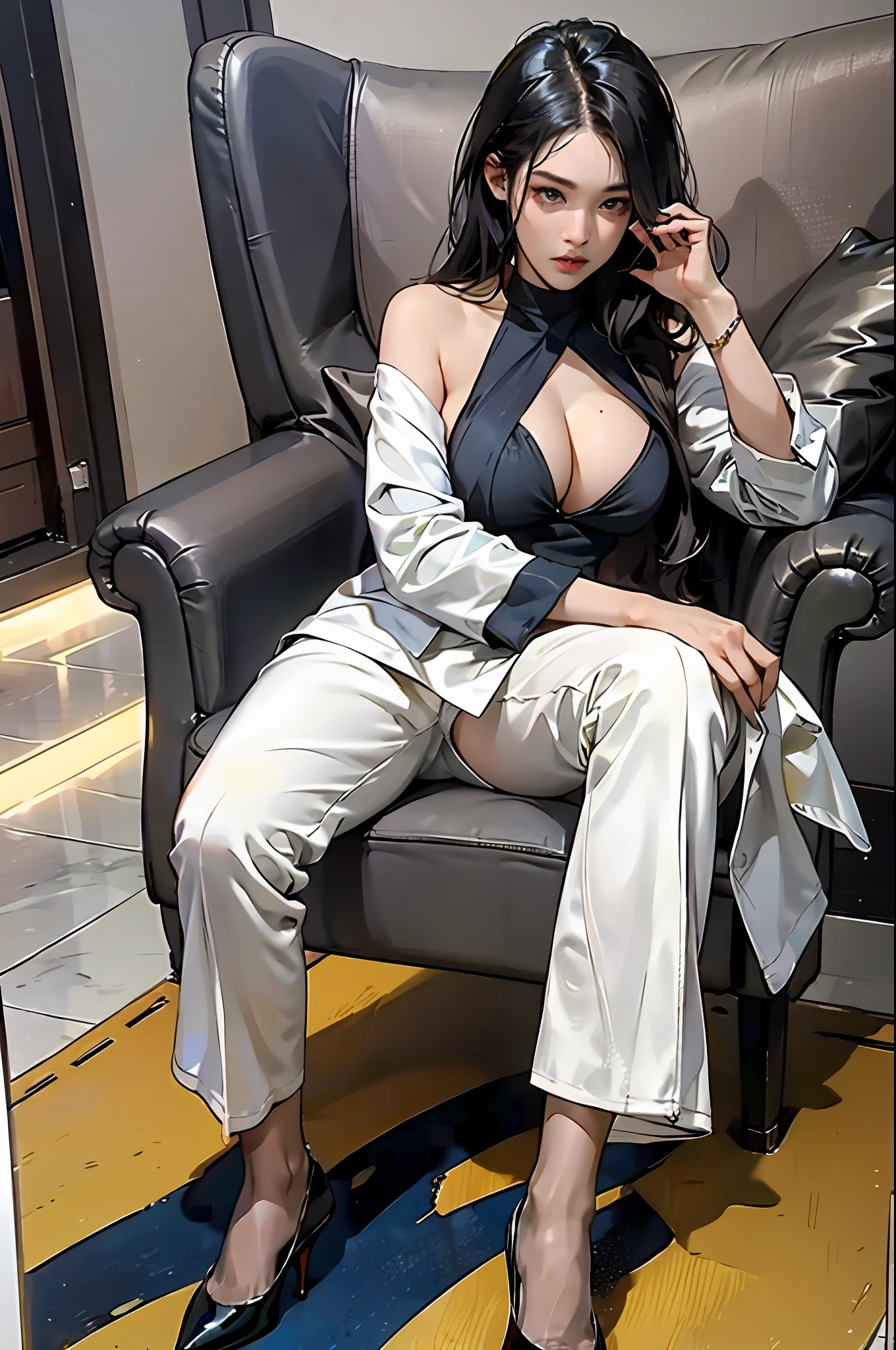 tmasterpiece,16k,Award-winning photos,astounding,finely detailled,absurderes,Highly detailed woman,20yr old,Sexy theme,Extremely detailed eyes and face,piercing eyes,(((White panty hose))), (((long trousers))), (((suit))),Nice face,Perfect face shape,perfect body figure,Oversize models,Mature woman,(((High and long legs))),(((very Bigger breasts))),Perfect for wearing skinny,Simple clothes,high-heels,Photography 4 Kodak Portra 400 camera F1。6 kinds of colorful lenses,hyper realistic texture,Dramatic lighting on the IrrealEngine ArtStation Cinestill 800 tungsten lamp trend,(((Dynamic shots))),There was a woman sitting in a chair in the room,