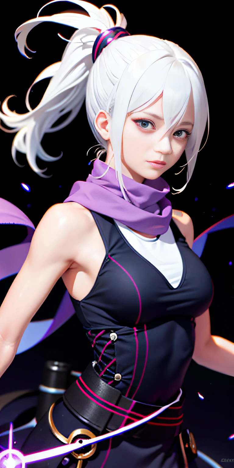 upper body, 1girl, white hair, ponytail, purple eyes, (ninja), short sword, medium breats ,scarf, wallpaper, magic circle background, light particles, blue fire,