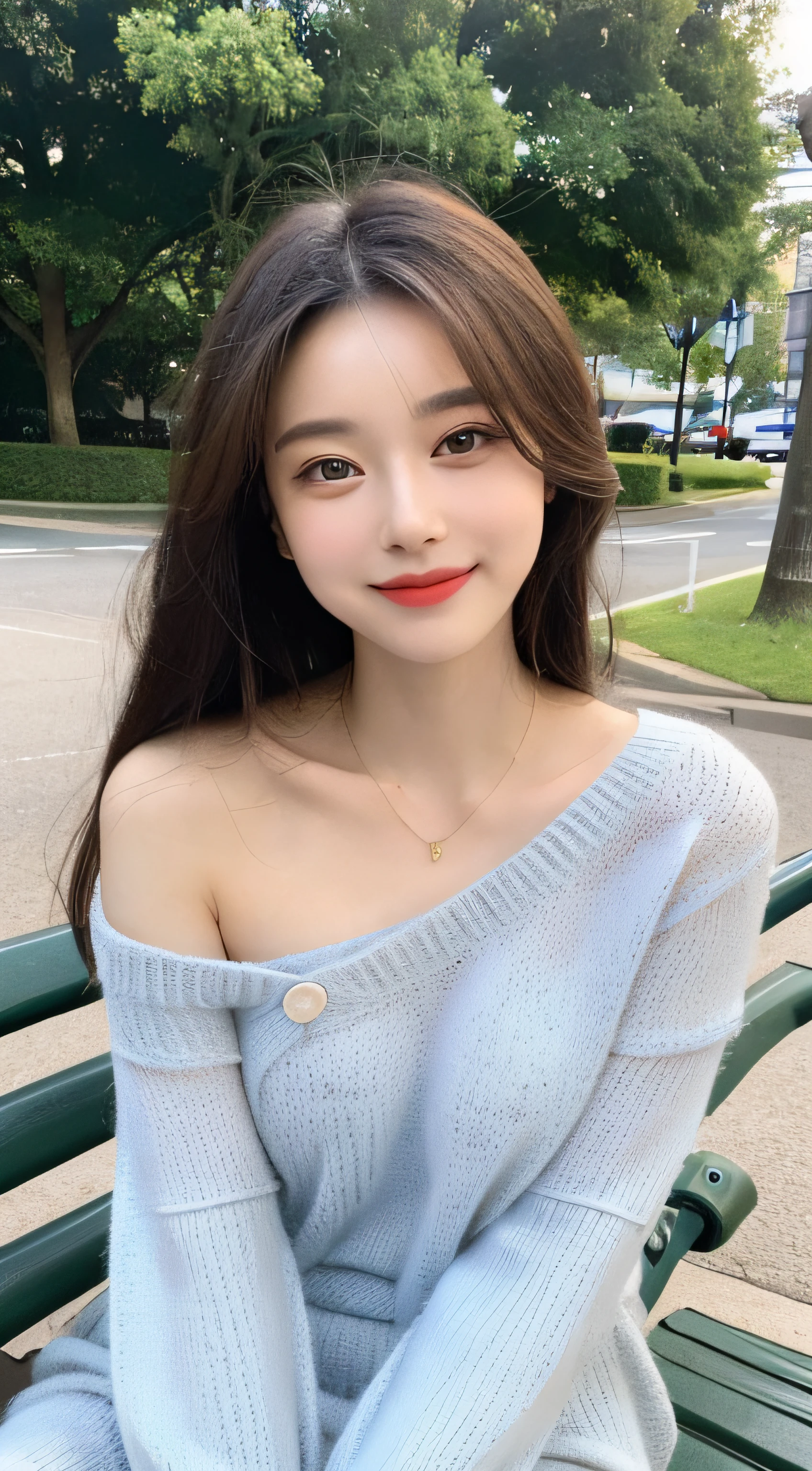 ((top quality, 8k, masterpiece: 1.3)), focus: 1.2, perfect body beauty: 1.4, buttocks: 1.2, (((delicate hair)), (sweater dress: 1.1), (sports car, street: 1.2), highly detailed face and skin texture, narrow eyes, double eyelids, whitened skin, smile, necklace, ring, person sitting on a park bench.