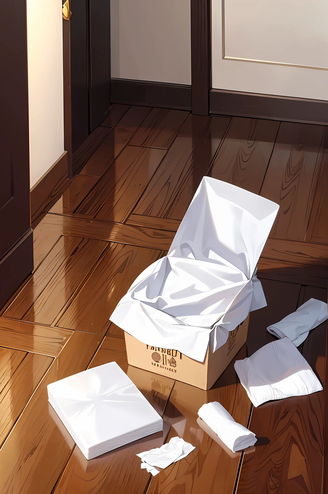 Hardwood flooring, Tissue box, Curled tissue, No humans, no Animal,