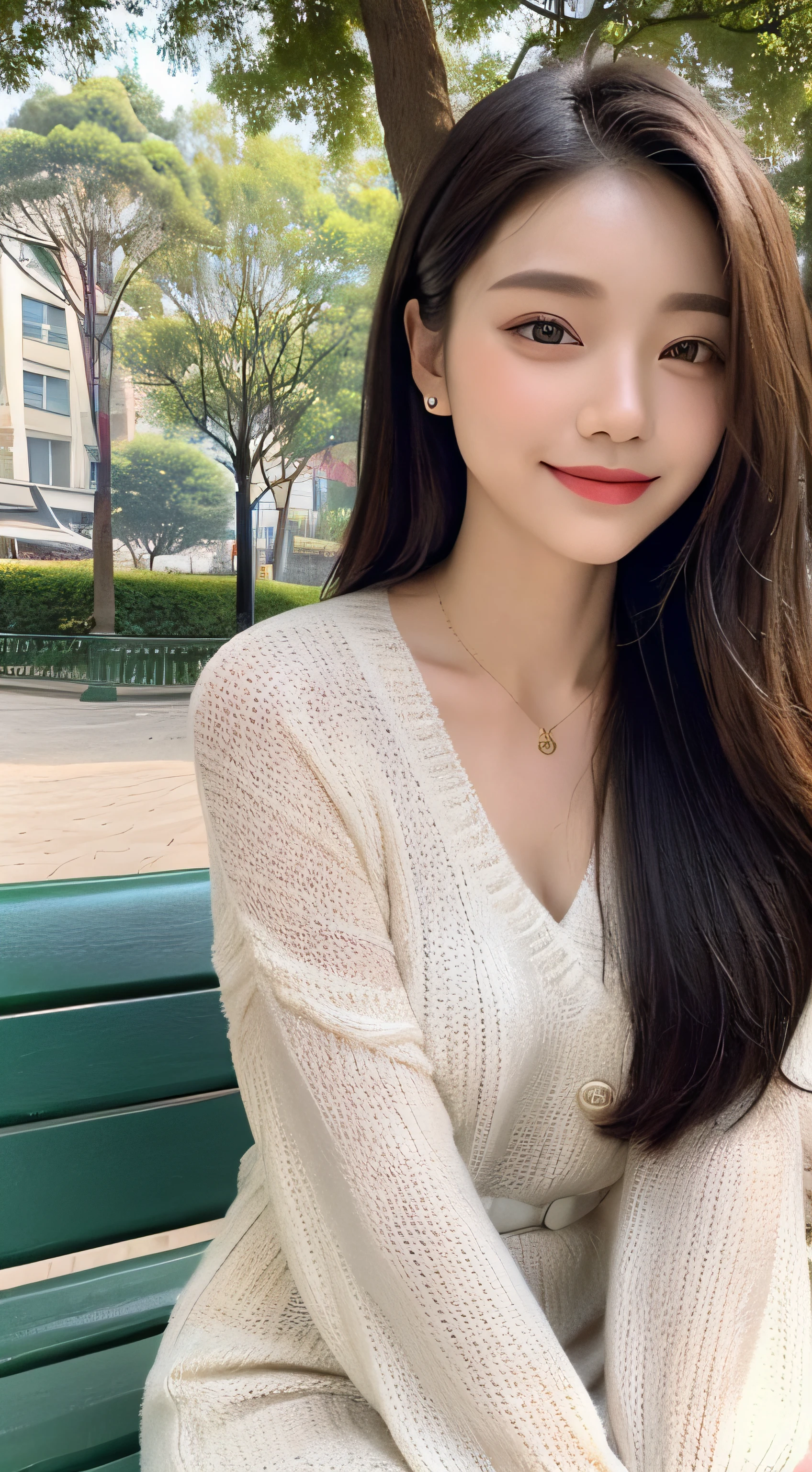 ((top quality, 8k, masterpiece: 1.3)), focus: 1.2, perfect body beauty: 1.4, buttocks: 1.2, (((delicate hair)), (sweater dress: 1.1), (sports car, street: 1.2), highly detailed face and skin texture, narrow eyes, double eyelids, whitened skin, smile, necklace, ring, person sitting on a park bench.