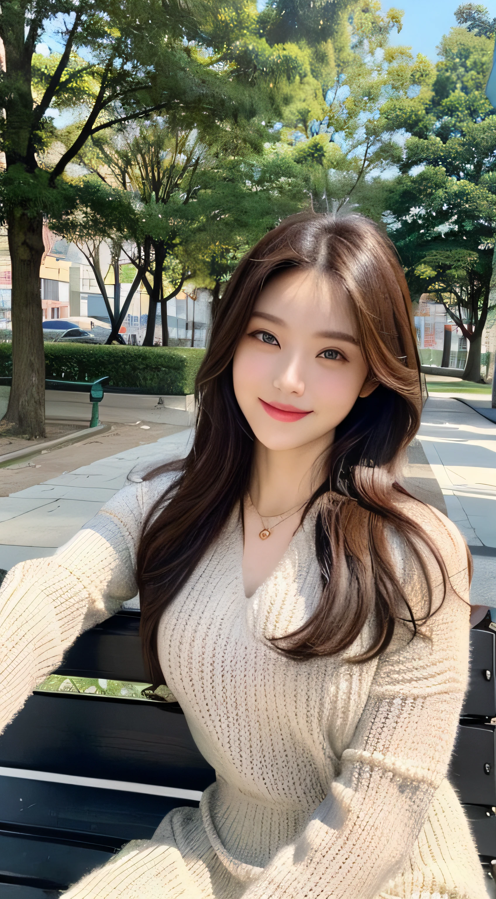 ((top quality, 8k, masterpiece: 1.3)), focus: 1.2, perfect body beauty: 1.4, buttocks: 1.2, (((delicate hair)), (sweater dress: 1.1), (sports car, street: 1.2), highly detailed face and skin texture, narrow eyes, double eyelids, whitened skin, smile, necklace, ring, person sitting on a park bench.