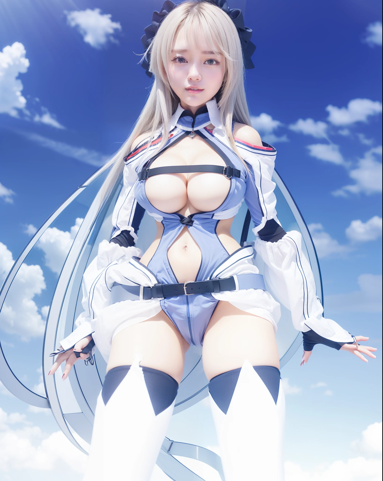 (((Marin Kitagawa))), (masterpiece, best quality), ((extremely detailed, intricate details, lush detail, insanely detailed face, beautiful red eyes, lips, detailed skin, very wide-eyed, skinny)), (( floating hair, shiny skin)), (1girl), wide hips, narrow waist, thick thighs, ((big pupil)) , nervous, ((happy, smile, long hair, younger, blush, tall, black outline, blonde hair, straight hair, seductive eyes, mature female, older, very long hair)), 1girl, toned, ((((indoors, in front of a big window, light shining through window, upper body focus)))), solo, blonde hair, school uniform, skirt, necktie, shirt, shoes, choker, jewellery, white shirt, socks, smile, brown footwear, black socks, looking at viewer, loafers, blue skirt, multicolored hair, plaid, pleated skirt, tied shirt, black choker, bangs, plaid skirt, bracelet, earrings, standing, blue necktie, grin, collared shirt, (((hands behind back, 1girl)))