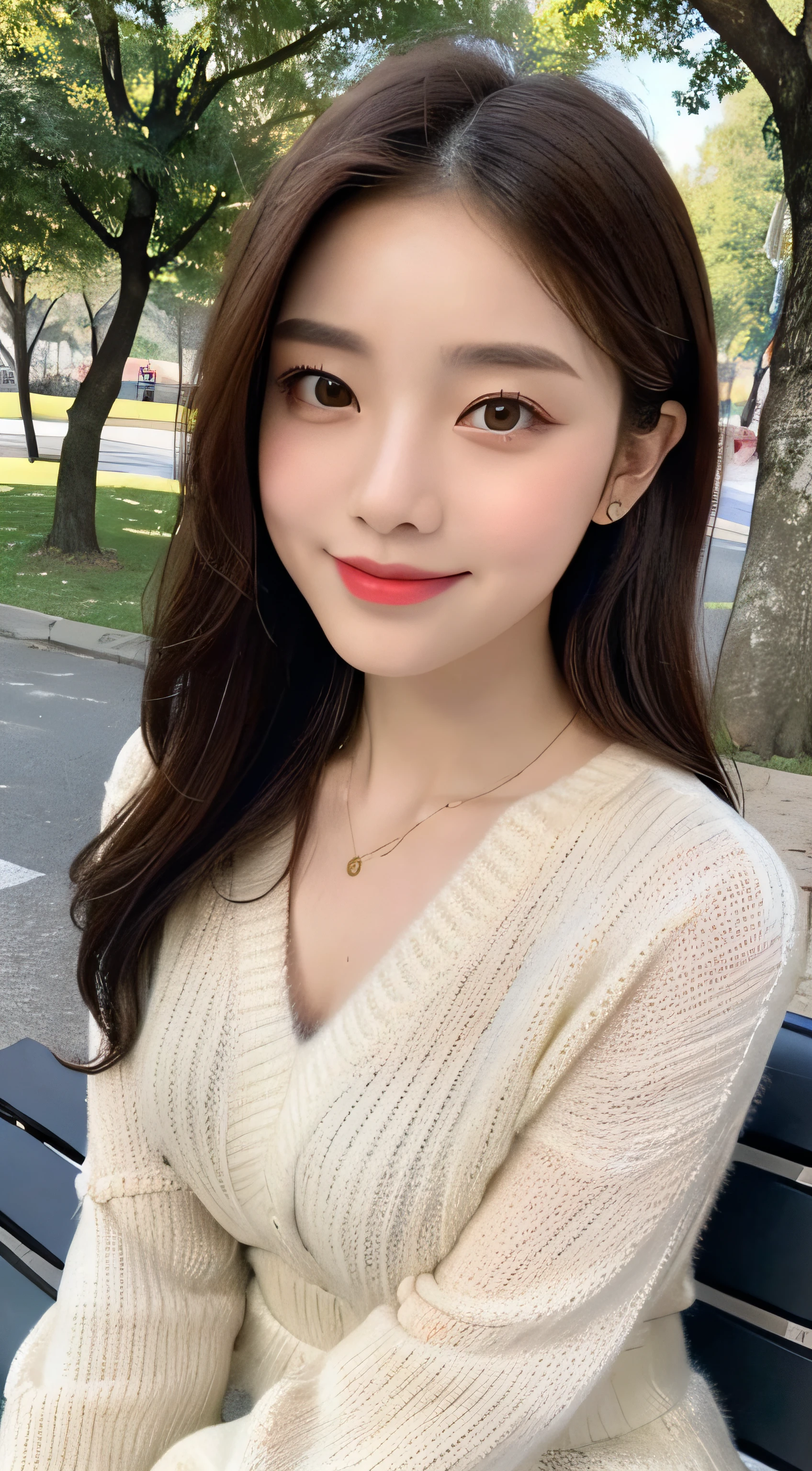 ((top quality, 8k, masterpiece: 1.3)), focus: 1.2, perfect body beauty: 1.4, buttocks: 1.2, (((delicate hair)), (sweater dress: 1.1), (sports car, street: 1.2), highly detailed face and skin texture, narrow eyes, double eyelids, whitened skin, smile, necklace, ring, person sitting on a park bench.