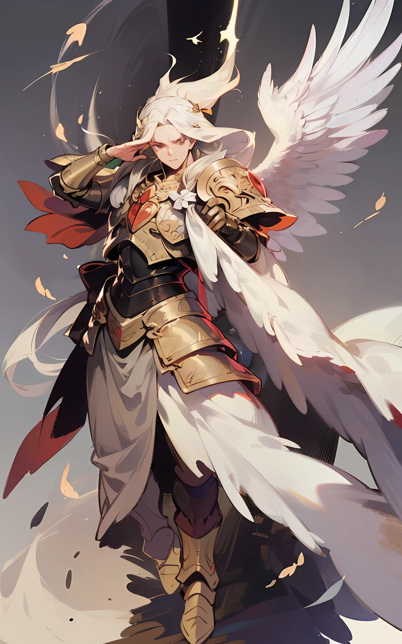 Angel in mithril scale armor, (2 pair of wing), (god white phoenix bow), ((bow pulling pose)), grey sky background, ((full body shot)), fly on sky, ((male)), ((4 wing))