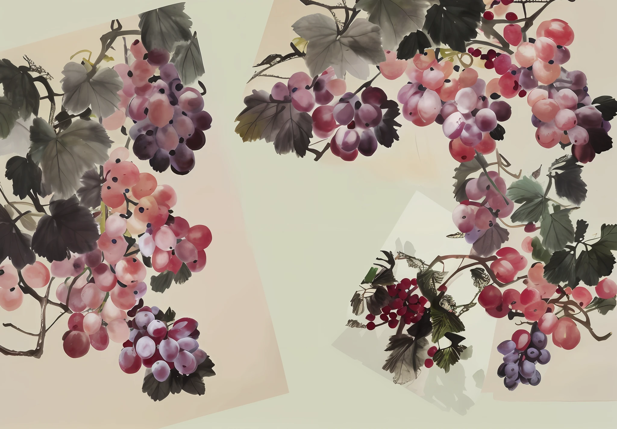 Lush grapes,Grapes stand out in the picture,detail-rich,The grapes are reasonable in the picture,There are vines and emerald green grape leaves,2D,illustration