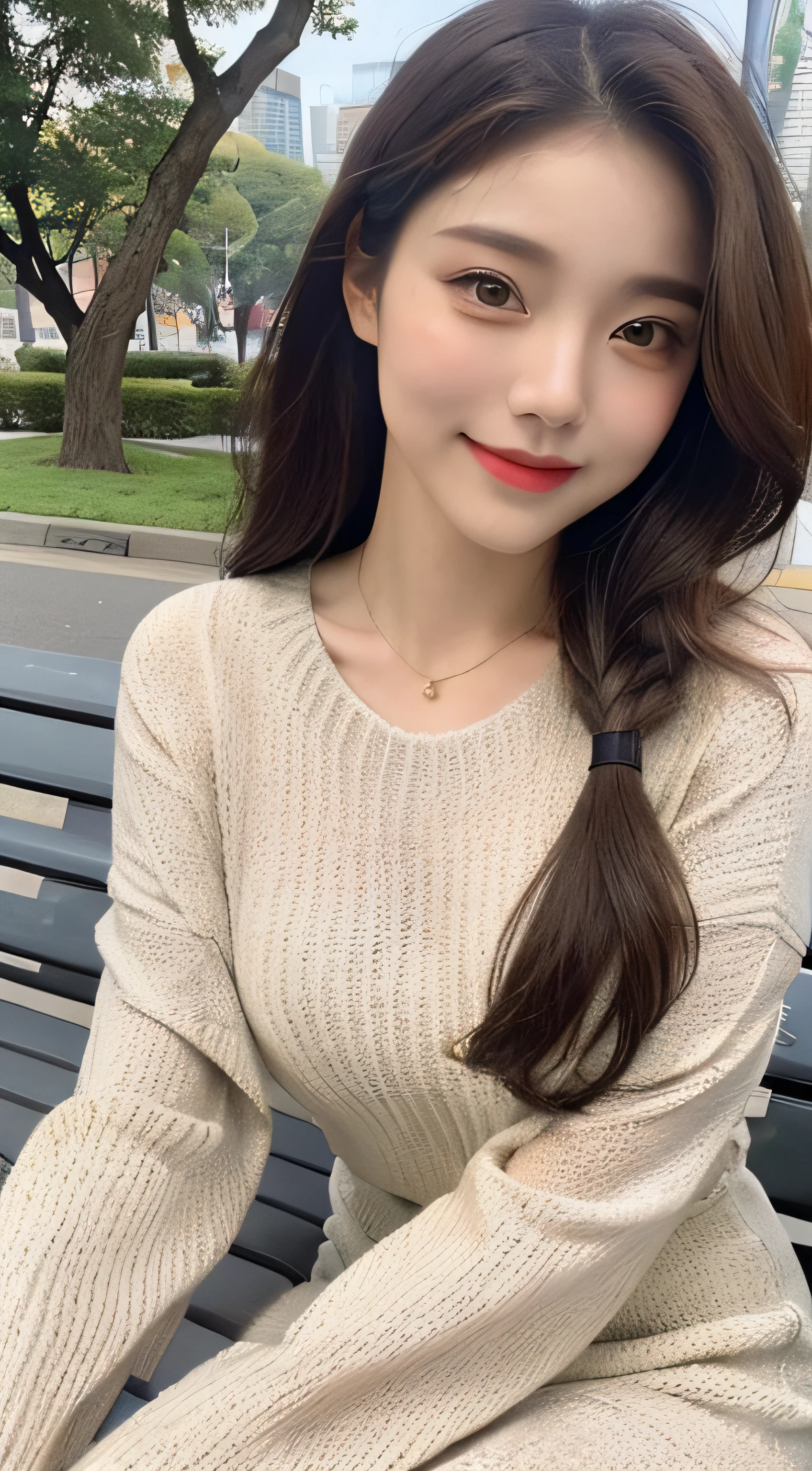 ((top quality, 8k, masterpiece: 1.3)), focus: 1.2, perfect body beauty: 1.4, buttocks: 1.2, (((delicate hair)), (sweater dress: 1.1), (sports car, street: 1.2), highly detailed face and skin texture, narrow eyes, double eyelids, whitened skin, smile, necklace, ring, person sitting on a park bench.