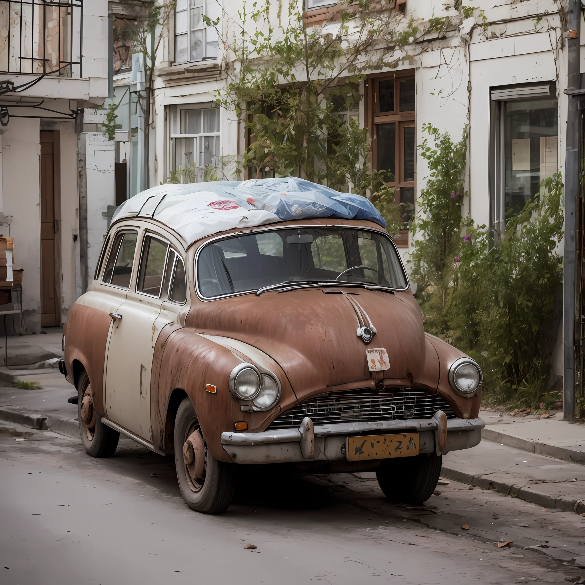 Rusty old Soviet car parked in a corner of a suburban street in the Soviet Union, people in fur coats walking by with plastic bags full of groceries, some drinking vodka straight from the bottle.