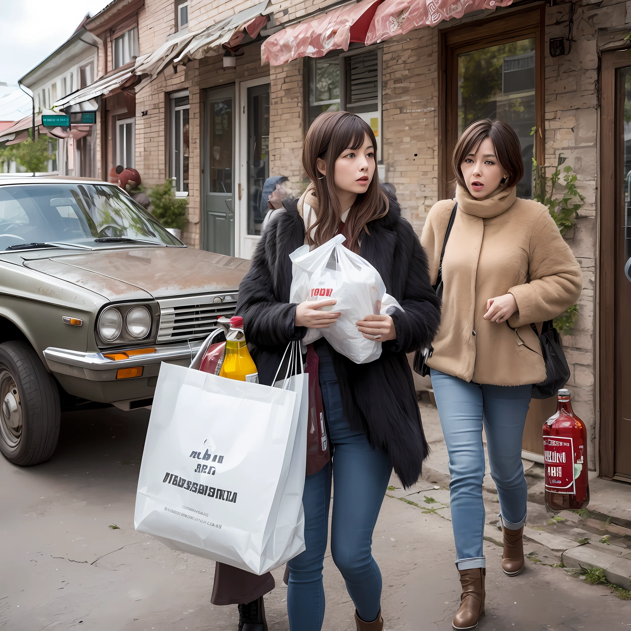 Rusty old Soviet car parked in a corner of a suburban street in the Soviet Union, people in fur coats walking by with plastic bags full of groceries, some drinking vodka straight from the bottle.