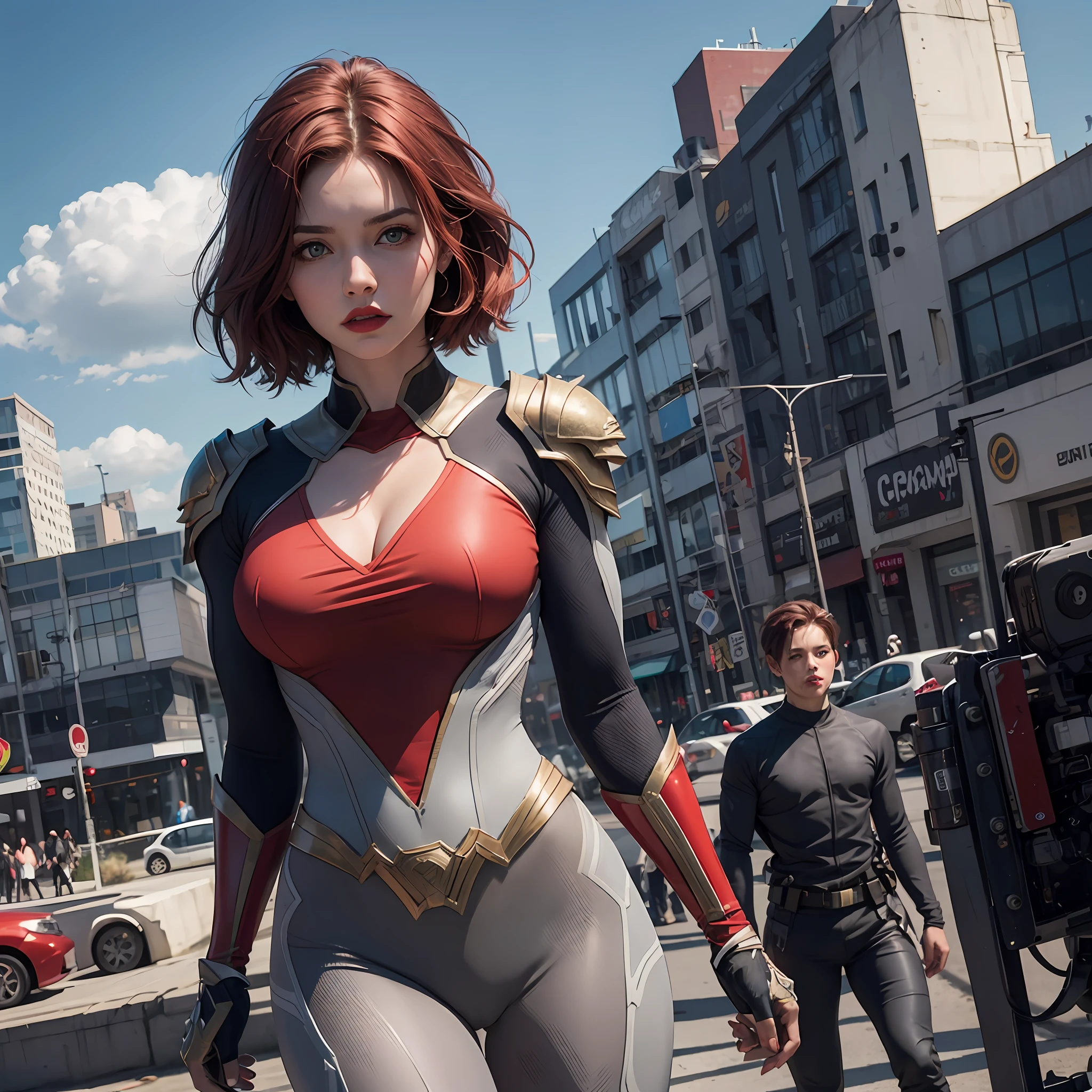 Attractive woman, fit woman, medium size tits, short red hair, green gray eyes, red lipstick, wearing superwoman suit and armor , City and clouds in the background, masterpiece, fine details, highly detailed, intricate, 8k, fully covered, full of colors
