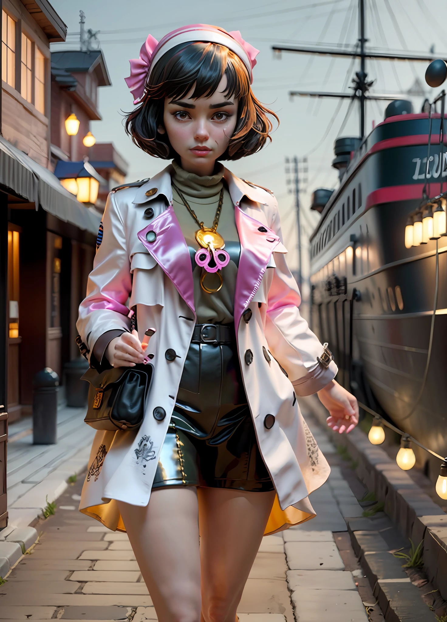 character, a skinny young lady wearing Vintage headbands and Trench coat, with dark hair, short hair, lighting details, anime-style with defined strokes, In the foreground is an 18th-century steamship（full view)，dark background with pink lights, 8k, uhd, severe low lighting, high quality, sharp focus, fujifilm XT3