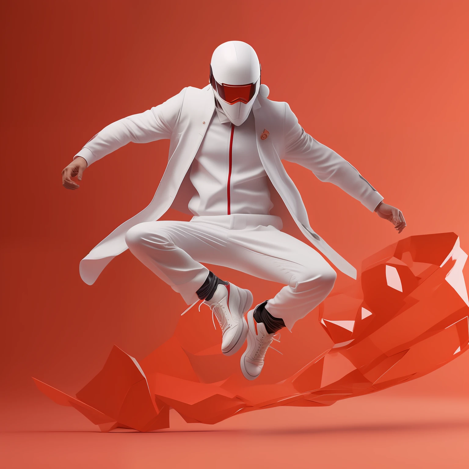 arafed image of a man in a white suit and red helmet jumping over a red object, red realistic 3 d render, 3 d render character art 8 k, wearing futuristic white suit, futuristic clothing and helmet, styled like ghost in the shell, on a red background, 8k octane 3d render, white red, cinema 4 d art