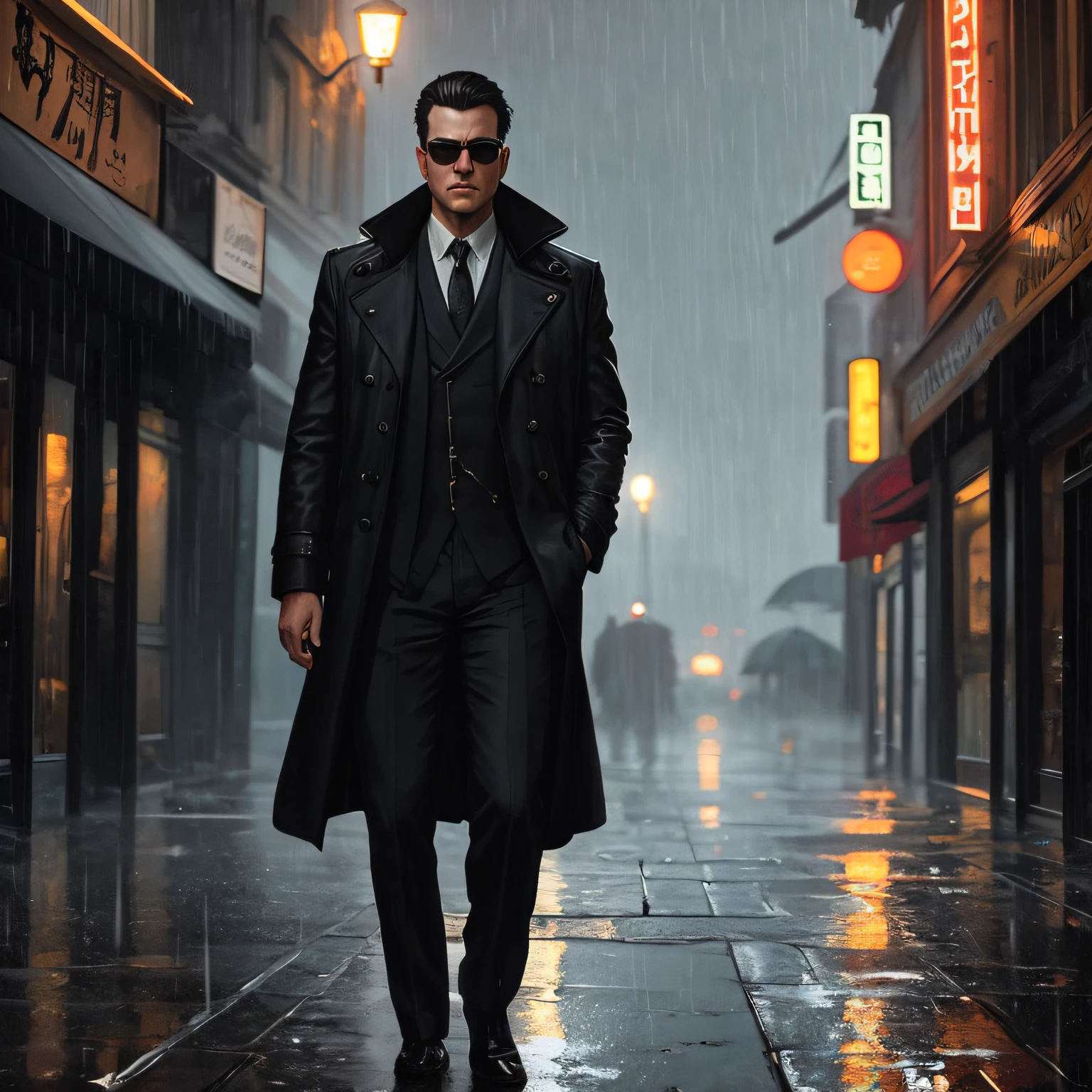 (masterpiece,best quality: 1.2), ultra-detailed face, (muted colours:1.2, dark studio, rim lighting, two tone lighting, dimly lit, low key, ), ((heavy rain weather)), ((half body potrait)), sitting,black glasses,long leather rain coat,
a poster for a 1930s \(style\), noir detective movie,(noir atmosphere:1), gloomy atmosphere,cartell meeting, emphasis on noir colors, and Detective Jack Sullivan just returned to his office after a long day of pounding the pavement, trying to solve the latest case that had been thrown his way. It was a tough one, and he was no closer to finding the perpetrator than he was when he started,
trending on ArtStation, trending on CGSociety, Intricate, High Detail, dramatic, photorealistic painting art by midjourney and greg rutkowski,