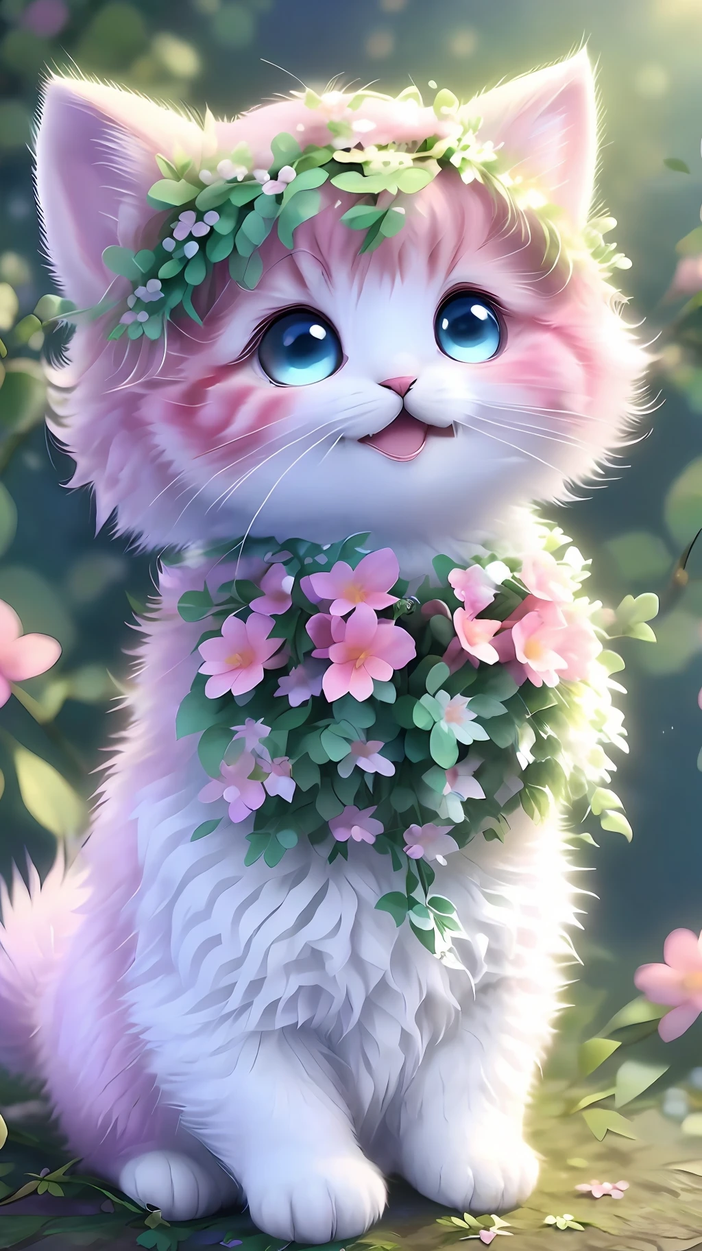 , Realistis, shaggy, (Kitten dressed), an cheeks, full bodyesbian, Non-human, ssmile, sparkle eyes, Minitary, Sit on a branch, lying down,In pink,Left!!!