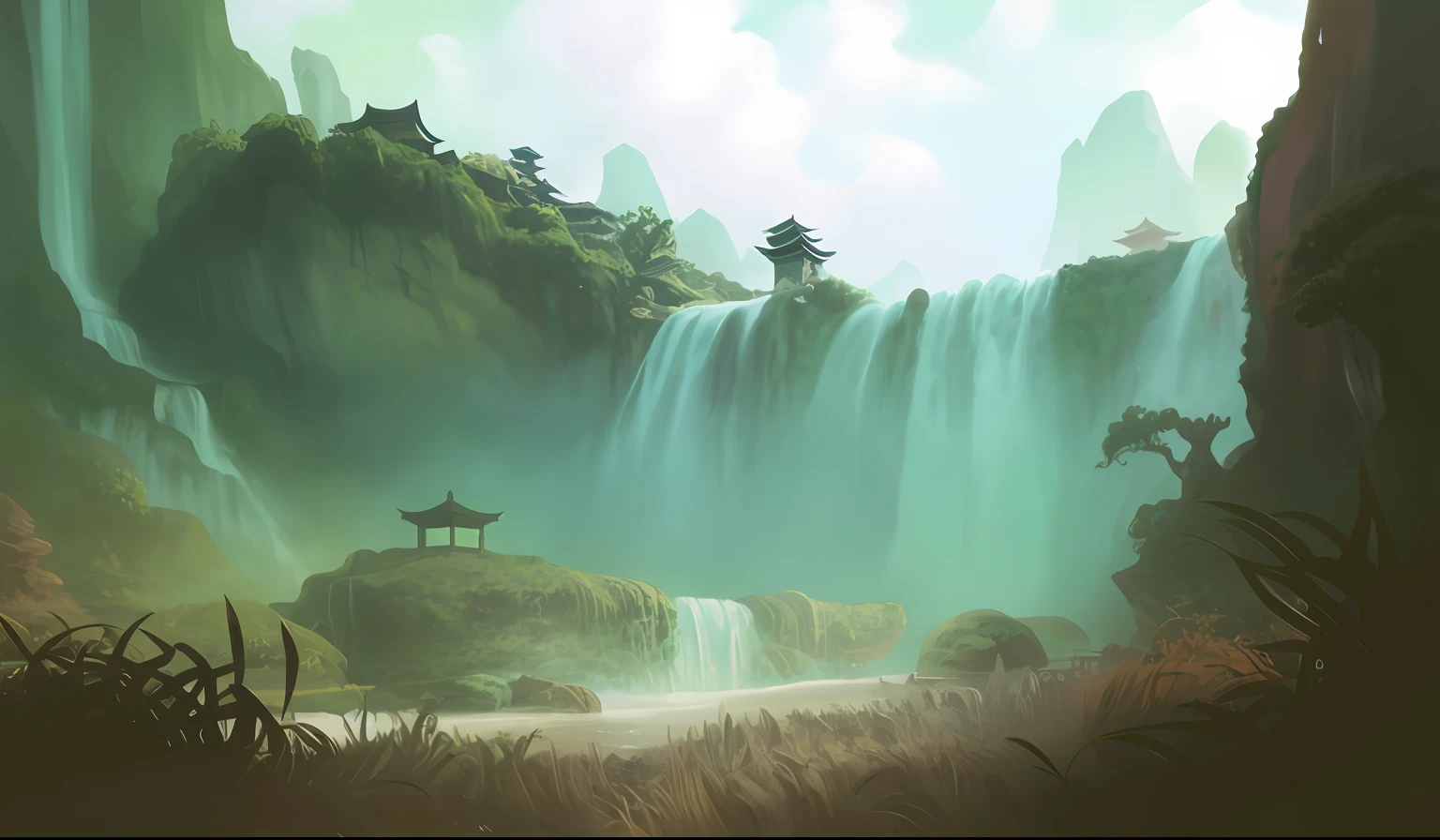 There is a waterfall painting,There is a pagoda in the middle, environment painting, Anime landscape, environment concept art, environment concept art, digital painting concept art, beautiful concept art, environment design illustration, concept piece, environment and concept art, painterly concept art, concept art for a video game, concept art scene, scenery game concept art, environment concept