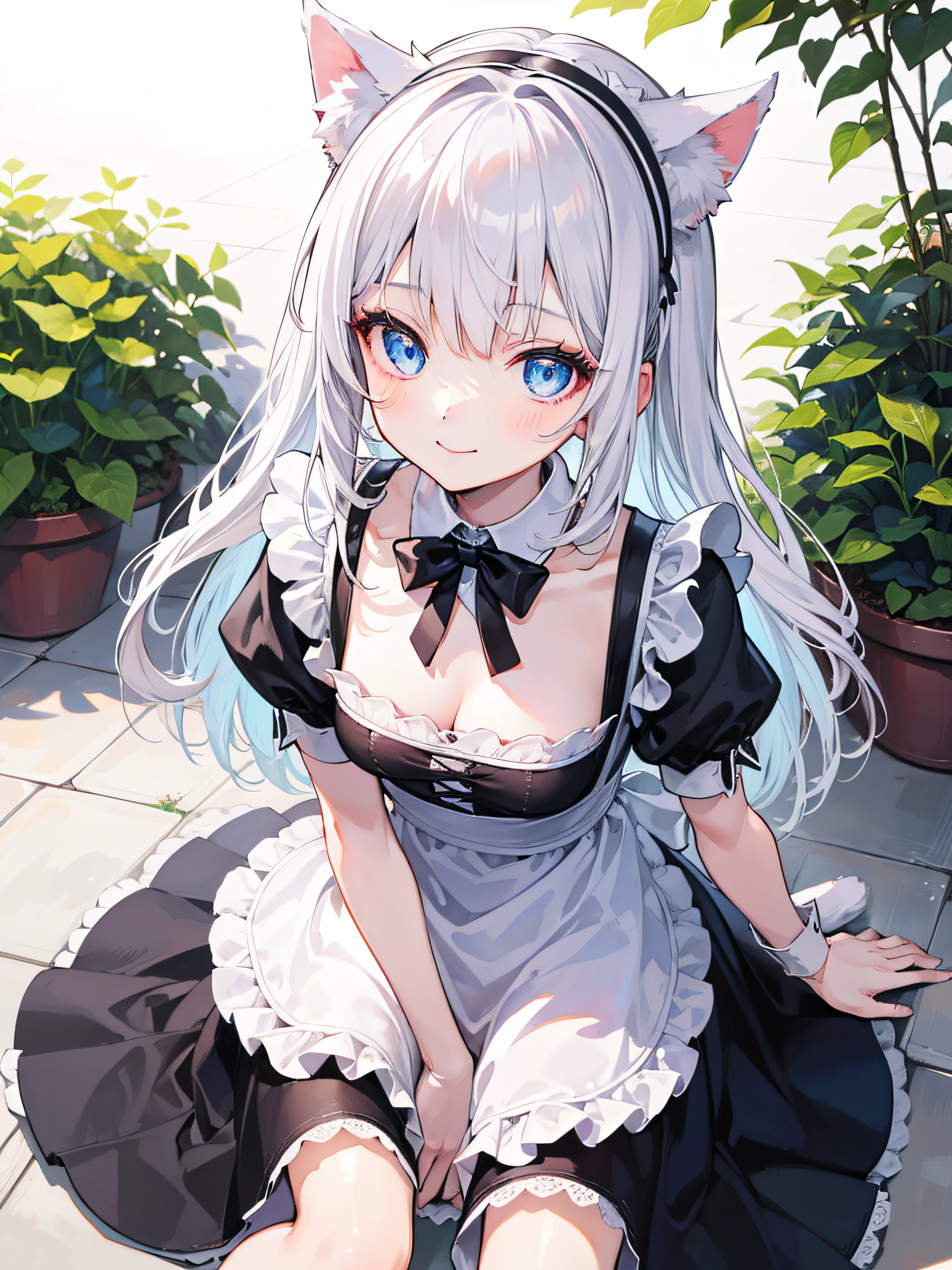 best quality, ultra precision, one girl, blue eyes, white hair, young, li, cute, maid, maid costume, blush, natural smile, teenager, cat's ears, small breasts, look up at you, cleavage, pure, obedience, sitting, sit gracefully