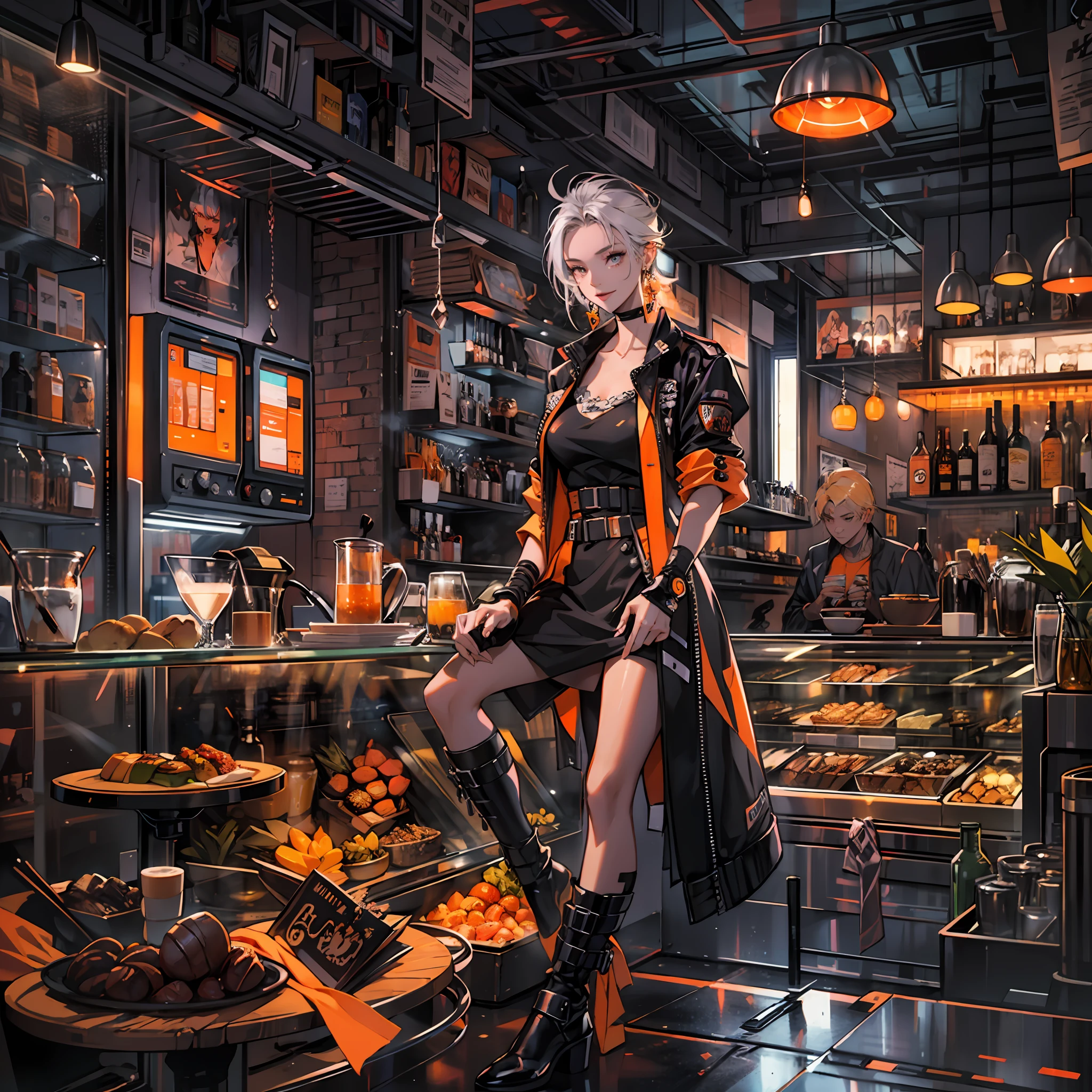 Best quality，tmasterpiece，Ultra-high resolution fills the picture，Indoor at night，Cafe in the sky,Orange color scheme for the café,There was coffee and wine,the night,inside in room，Coffee machine,Coffee lockers,Orange neon color scheme,Silver-white hair，Black fashion clothing，Orange and black matching outfits,boxer，Cafe beautiful girl，cyberpunk backgrouns,The background is colorful，Lateral face，Smiling，Various laid-back poses，Perfect makeup，Love eyes，8K quality，cyber punk perssonage，sense of science and technology，Character backlighting，rim-light，Movement changes，Flowing hairstyle，Loose hairstyle,The number of fingers is refined，The most beautiful girl in mankind，Wear a headband，Luminous accessories,Luminous earrings,Wear delicate accessories,Delicate close-up of the face，Realistic image quality，Super light and shadow，Very good figure，Meticulous，Have a cup or coffee on the roof in the evening，Very good figure，Raised sexy,luminous,Cool，Very stylish café,Cafe at night,Ray gorgeous,Have food,Laugh happily,