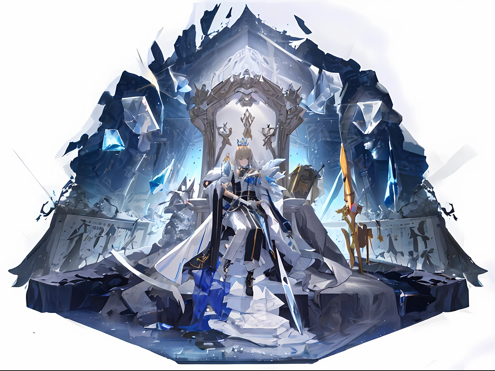 sword, sword, sword, sword, sword, sword, sword, sword, sword, on a throne of crystals, Master of Ice, on an icy throne, sitting on ice throne, tiara crown (((white lasers))), key visual, offcial art, high detailed official artwork, ice lord, ( ( The king of artificial intelligence art ) )，Quality(4K Ultra Clear)，High Picture Quality，A male god，brunette color hair(Mixed with gray hair)