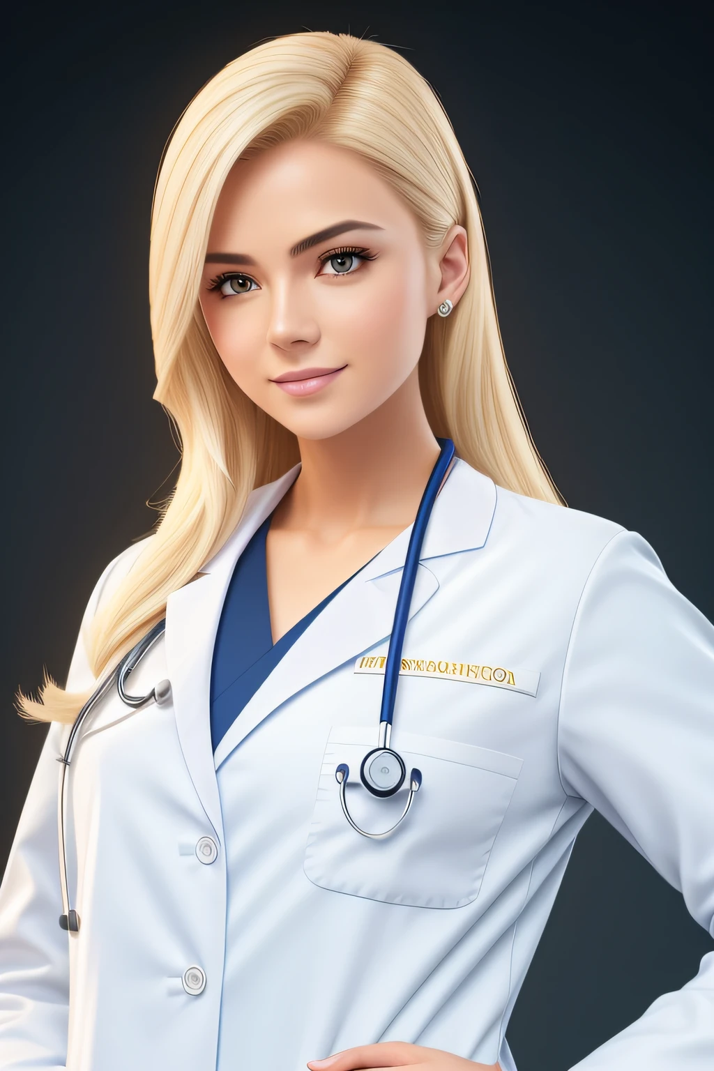 Photo of a beautiful young doctor wearing a Doctors outfit in the style of Stefan Kostic, realista, foco nítido, 8k high-definition, insanamente detalhado, intrincado, elegante, arte de Stanley Lau e Artgerm, blond hair
