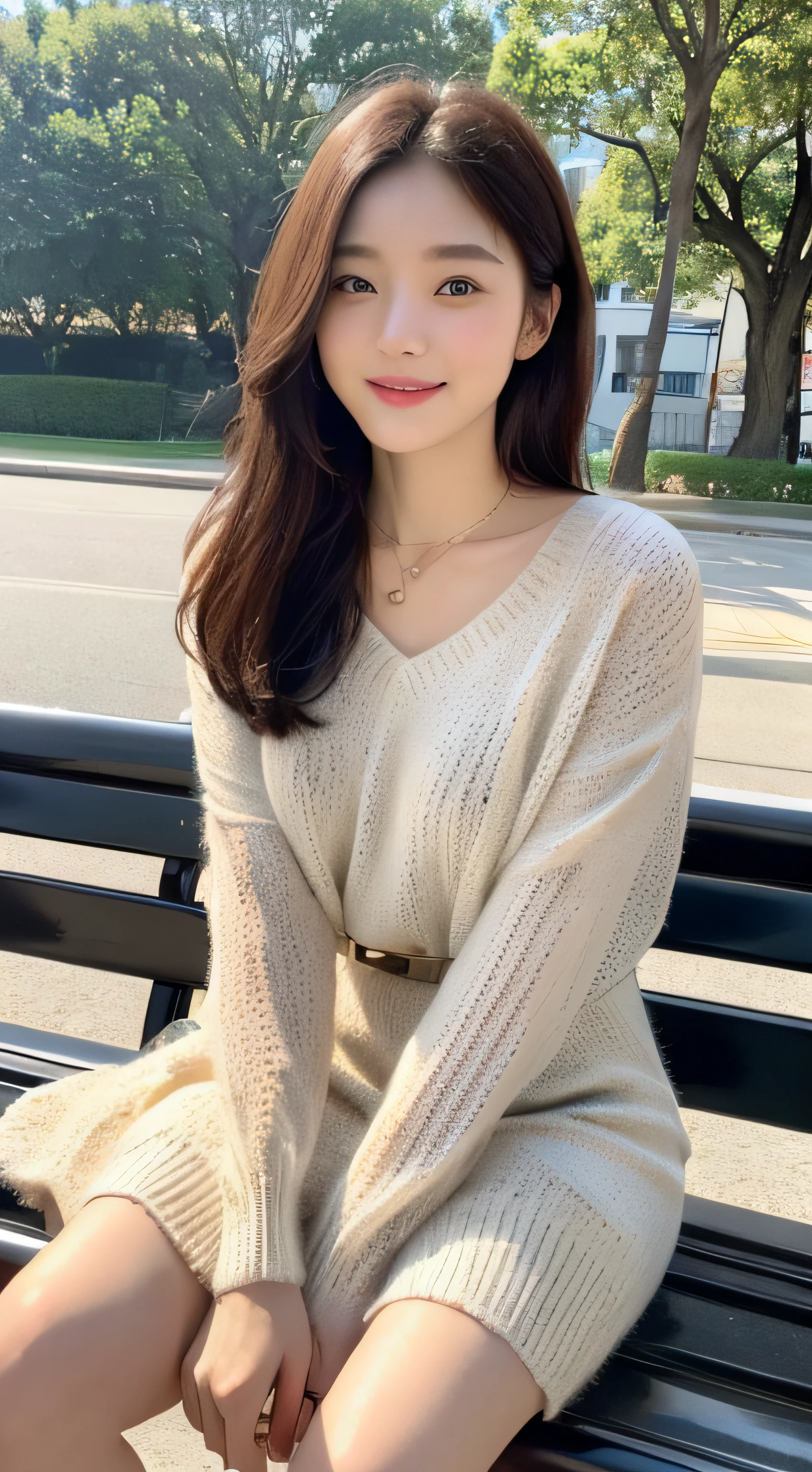 ((top quality, 8k, masterpiece: 1.3)), focus: 1.2, perfect body beauty: 1.4, buttocks: 1.2, (((delicate hair)), (sweater dress: 1.1), (sports car, street: 1.2), highly detailed face and skin texture, narrow eyes, double eyelids, whitened skin, smile, necklace, ring, person sitting on a park bench.