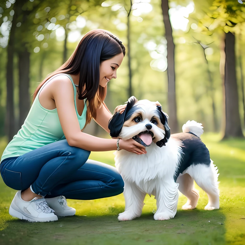 The image depicts an adorable Shih Tzu dog in a moment of pure joy and fun. Her silky and fluffy coat is a harmonious combination of colors, e seus olhos brilham com entusiasmo enquanto ela corre e brinca em um ambiente limpo, claro e organizado.

The setting is a sunny and well-maintained space, com gramado verdejante que convida a brincadeiras e corridas. A cachorra se movimenta com agilidade e graciosidade, showing all his energy and playful spirit.

The atmosphere is peaceful and serene, allowing the dog to feel at ease to explore and have fun. Their quick movements and playfulness express the inherent joy that pets have in sharing special moments with their owners.

Ao fundo da imagem, uma mulher de 45 anos, who is the owner of the lovely Shih Tzu, observes and admires the beauty and liveliness of your pet. Her gaze is full of affection and happiness at seeing the dog so excited and happy.

The relationship between the woman and her pet is evident in the image, showing a special and affectionate bond that has developed over the years. The woman is a caring and caring figure, ensuring your beloved pet has a safe and nurturing environment in which to have fun.

The scene conveys a sense of happiness and harmony, with the dog radiating joy in her play space and the woman tenderly appreciating the moment shared with her faithful companion.

This image of the dog Shih Tzu and the woman watching her is a celebration of love, joy and special connection that pets bring to the lives of their owners. It's a scene filled with happiness and gratitude, which shows how much animals can enrich our lives with their loving, energetic presence. --auto