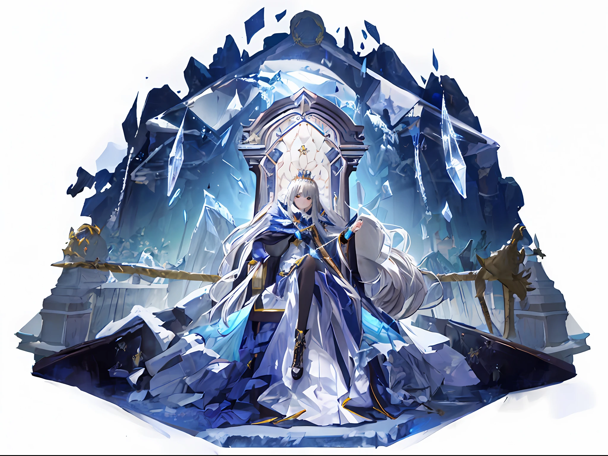 sword, sword, sword, sword, sword, sword, sword, sword, sword, on a throne of crystals, Master of Ice, on an icy throne, sitting on ice throne, tiara crown (((white lasers))), key visual, offcial art, high detailed official artwork, ice lord, ( ( The king of artificial intelligence art ) )，Quality(4K Ultra Clear)，High Picture Quality，A male god，brunette color hair(Mixed with gray hair)