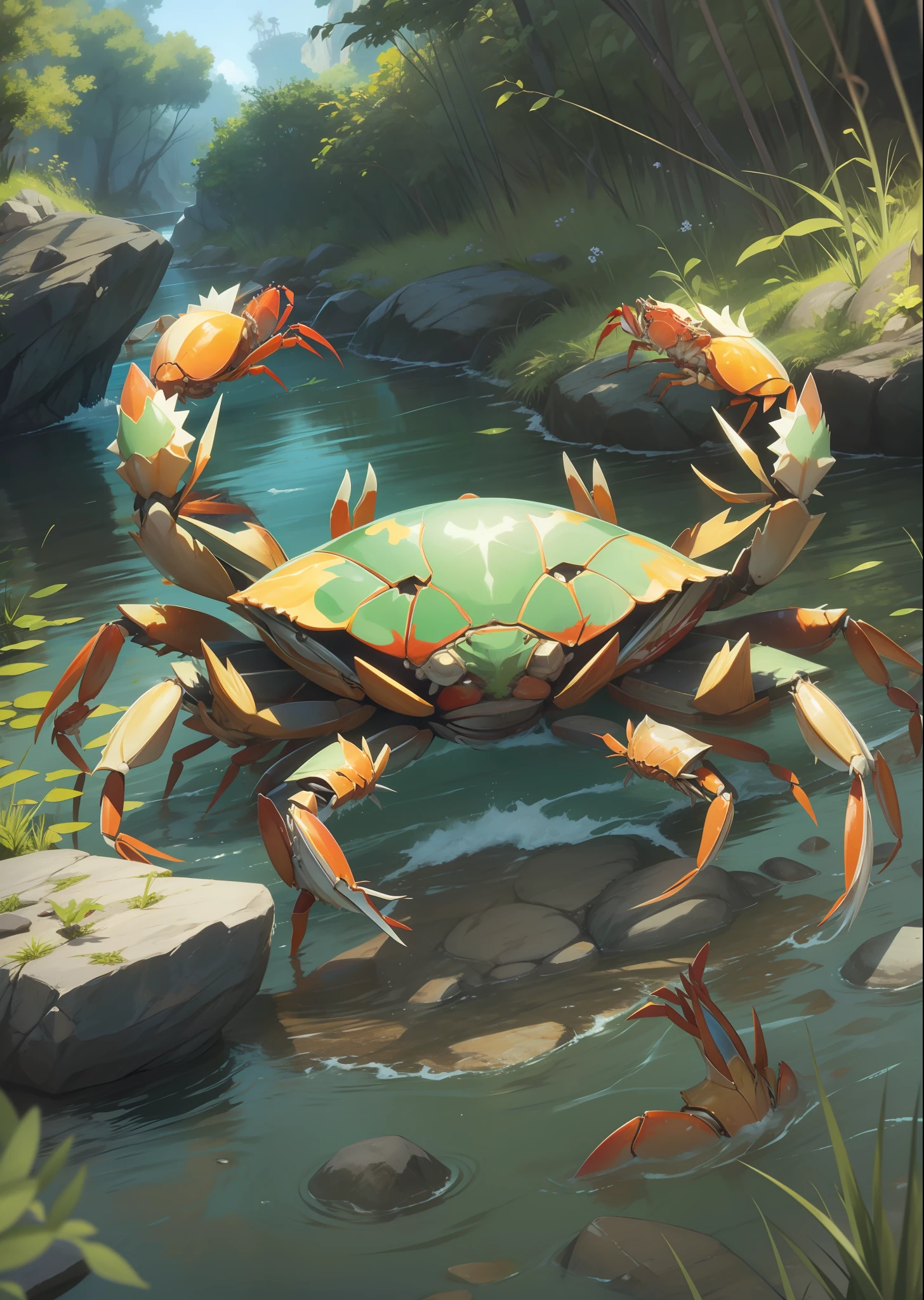 crabs,Green river crab,game style,River crab close-up,magia,Fantasy style,By the creek,In the daytime,and the sun was shining brightly,style of anime