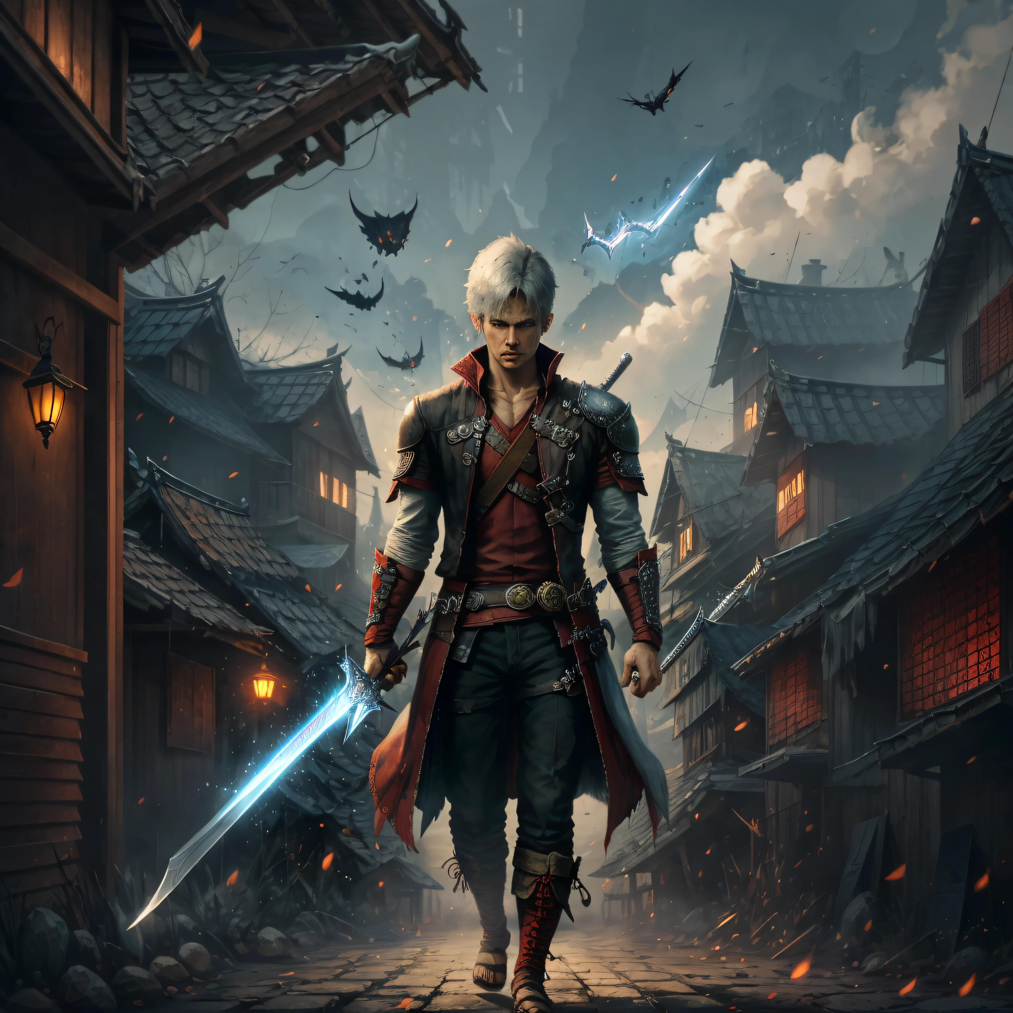 Samurai,Black hair, Scar all over the eye, Dilapidated old house in the distance, White, Black eyes,Male,short,sword,Sword in one hand,Wield this sword,Devil May Cry,Night,Male,Solo,Dante
