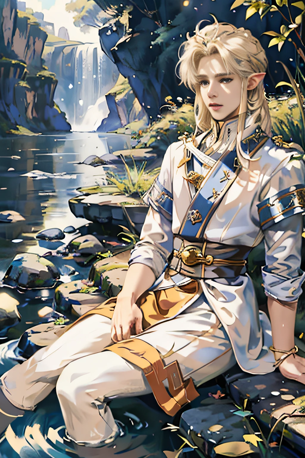 elf prince，coiffed blonde hair，greene eyes，Dressed in European court costumes，long trousers，Light silk，Lazy posture，Lamb sleeve shirt leg，On the riverside，clean color，Decisive cut，Leave white space，impressionistic，tmasterpiece，ultra-detailliert，Epic composition, high qulity, HighestQuali, 4K --v 6