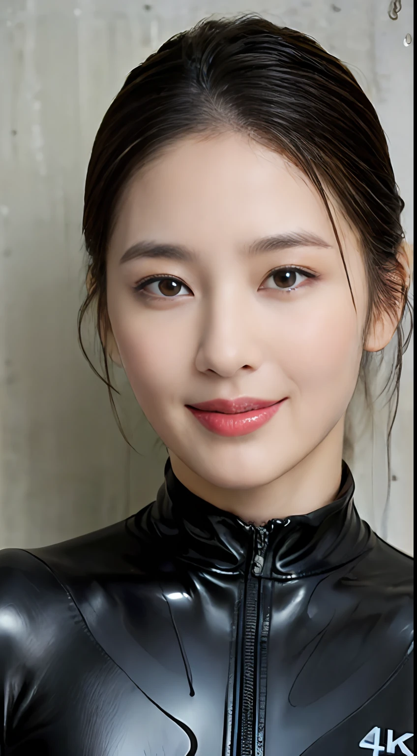 (top-quality、4K、​masterpiece:1.3)、A Japanese Lady､1girl in、A sexy:1.1、dark brown  hair:1.1、(rainy wet、wet from the rain、a wet body:1.3)、The sheen、ratex､wet suit、hyperdetailed face、Detailed lips、A detailed eye、Red Lipstick