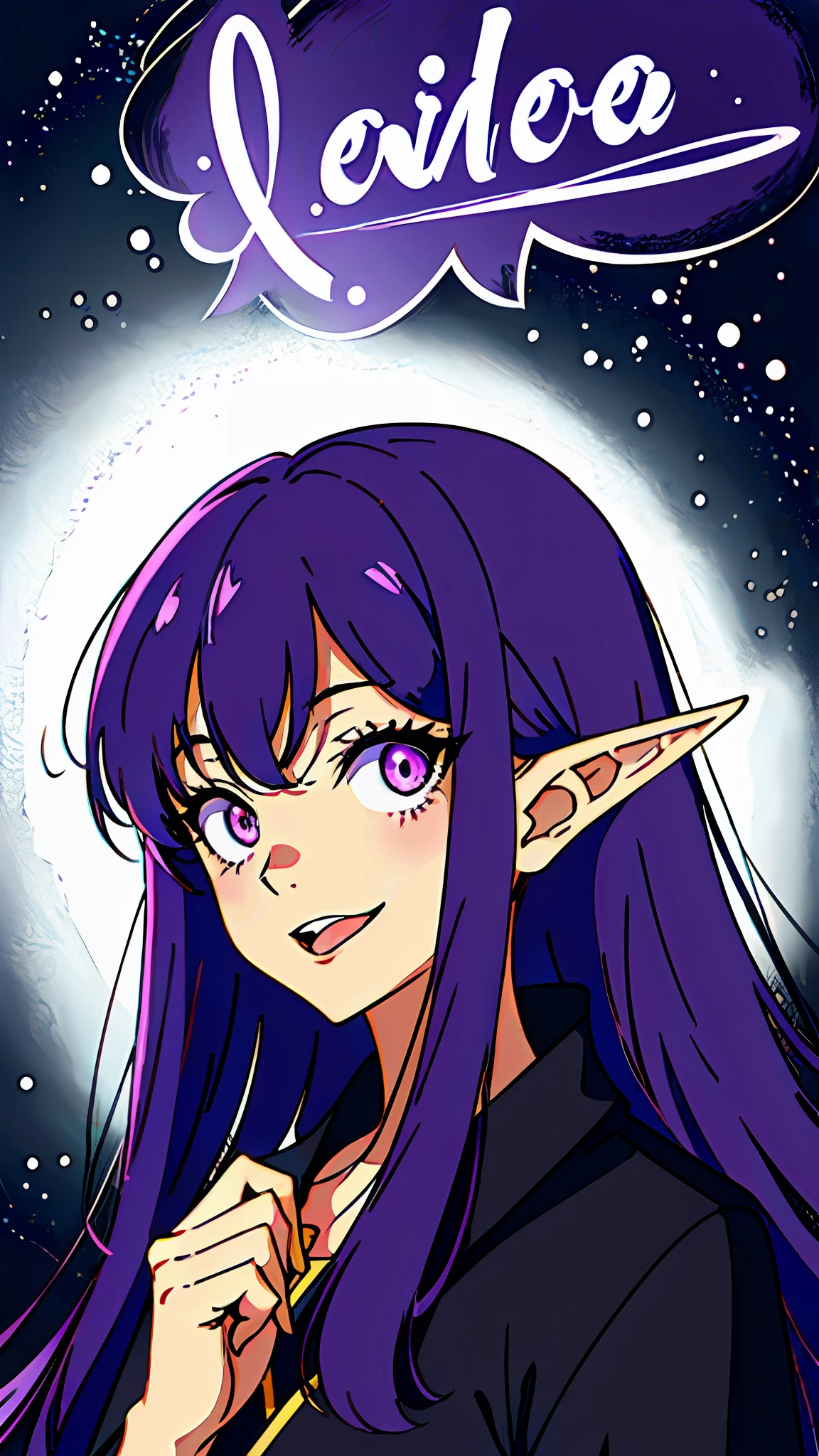 Gosip Ponkay, 1girll, the elf, pointy ears, Purple colored hair, purpleglowing eyes eyes, mad smile,Stick out her tongue,mouth drool, Contracted pupils, in the darkness nigth, Hide in the shadows,upperbody closeup