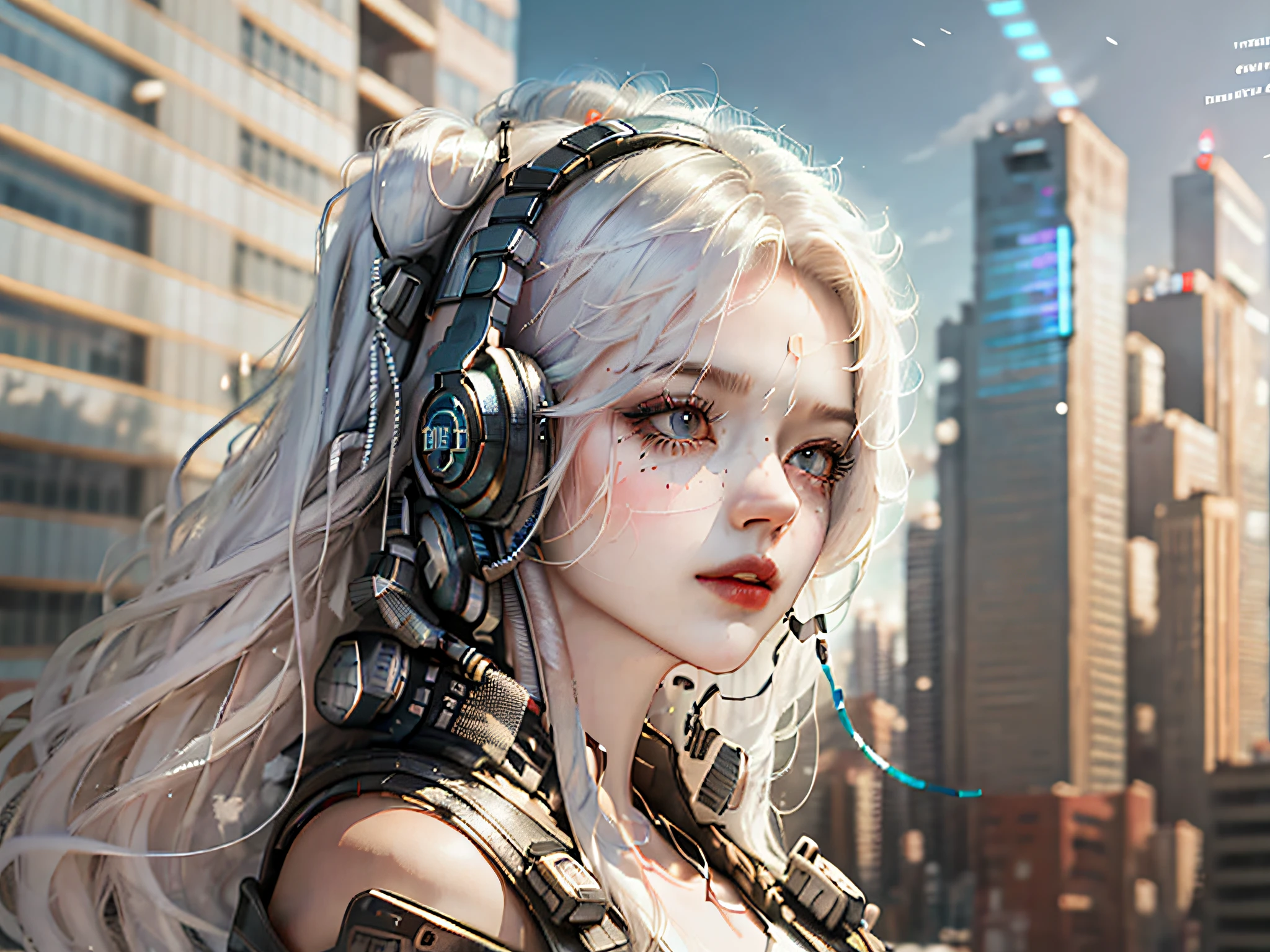 tmasterpiece,Best quality at best,one-girl,White hair,Bring headphones,Buildings,cyber punk perssonage,