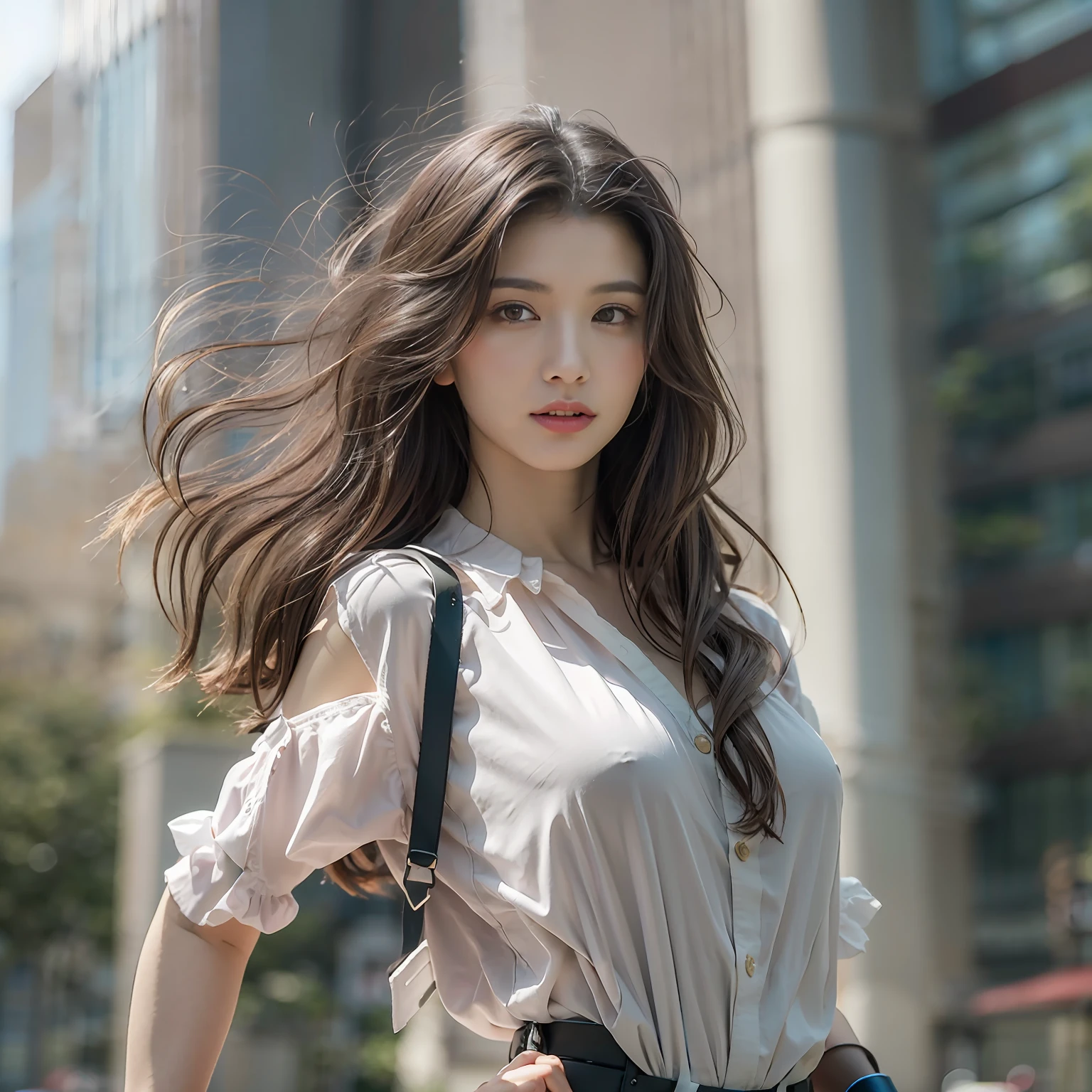 (​masterpiece:1.3), (8K, Photorealsitic, Raw photography, top-quality: 1.4), (1girl in), A pretty woman with perfect figure:1.4, cute  face, beautiful countenance, (Lifelike face), Beautiful hairstyle, realisticeyes, beautiful detail, (real looking skin), Beautiful skins, enticing, The ultra -The high-definition, A hyper-realistic, ighly detailed, (small tits:1.3), (cleavage of the breast:0.8)、White button-up shirt、a belt、Black leather tight skirt、Like Emily O'Hara Ratajkowski Japan, Semi-long curly hair、bangss、(Brown hair、small tits1.3)、(slim figure))、Kojiri、(small and beatiful model pose、is standing、boots、(Modern architecture in background)、