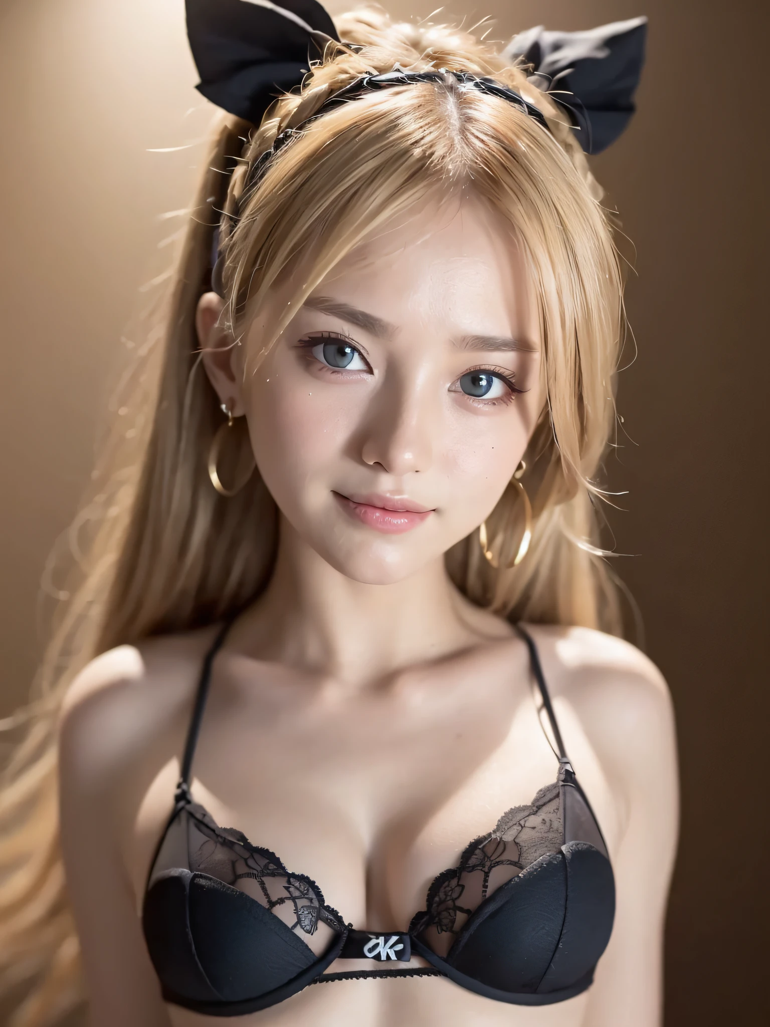 (8K images、Raw photography、top-quality、​masterpiece:1.2)、(realisitic、Photorealsitic:1.37)、1girl in、cute little、Professional Lighting、superior image quality、hight resolution、1080p、(Clear face)、(Detailed face description)、(Detailed hand description)、(Exquisite CG)、extreme light and shadows、 Sexy underwear figure、(a blond:1.3)、full body Esbian、dishevled hair, lush detail, (Exquisite facial features), (Top image quality),  (Eye of Detail),Happy smiling face、Look at your audience、Dark eyeliner、Small earrings、bangss、poneyTail、natta、indirect lighting、