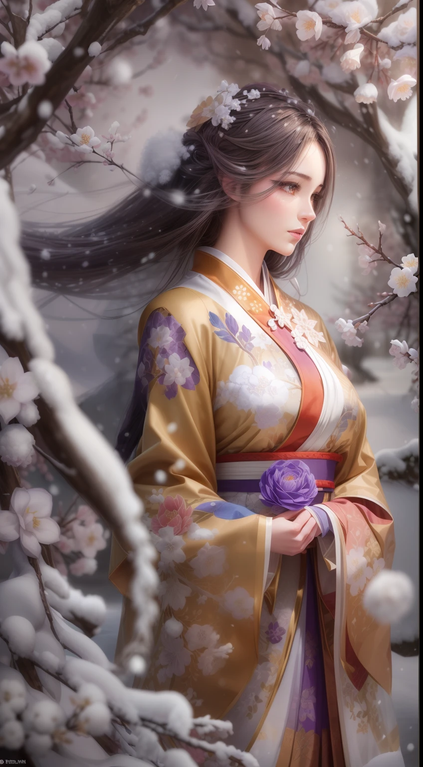 illustration: 1.3), paper art, 3D rendering of, , (Beautuful Women:1.3), (Representative work plum blossoms:1.2)(Masterpiece snow:1.2) , Colorful, Best quality, Detailed details, Masterpiece, offcial art, movie light effect, 4K, Chiaroscuro , Flash