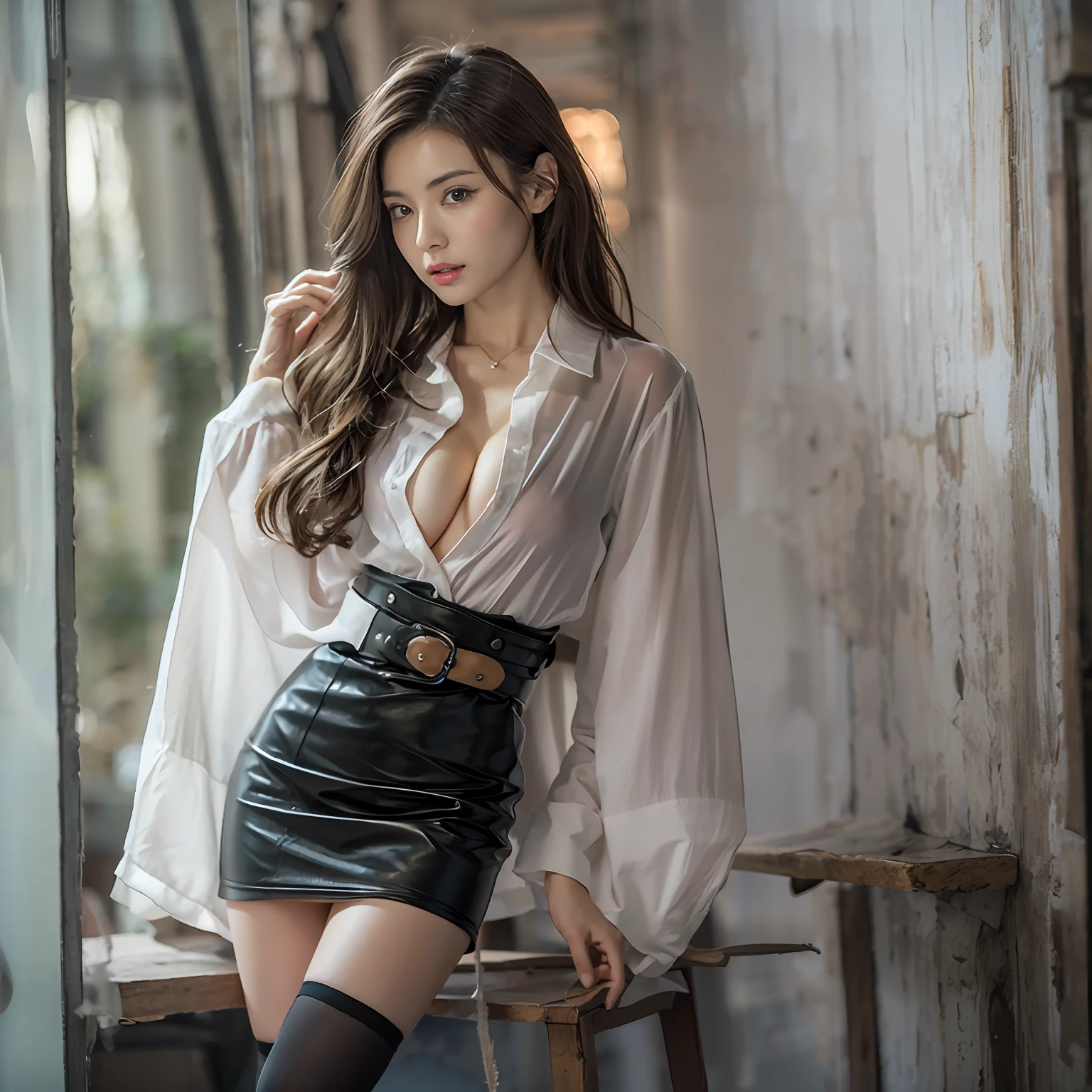 (masterpiece:1.3), (8K, Photorealsitic, Raw photography, top-quality: 1.4), (1girl in), A pretty woman with perfect figure:1.4, cute face, beautiful countenance, (Lifelike face), Beautiful hairstyle, realisticeyes, beautiful detail, (real looking skin), Beautiful skins, enticing, The ultra -The high-definition, A hyper-realistic, ighly detailed, (small tits:1.3), (cleavage of the breast:0.8)、White button-up shirt、a belt、Black leather tight skirt、Like Emily O'Hara Ratajkowski Japan, Semi-long curly hair、bangss、(Brown hair、small tits1.3)、(slim figure))、Kojiri、(small and beatiful model pose、is standing