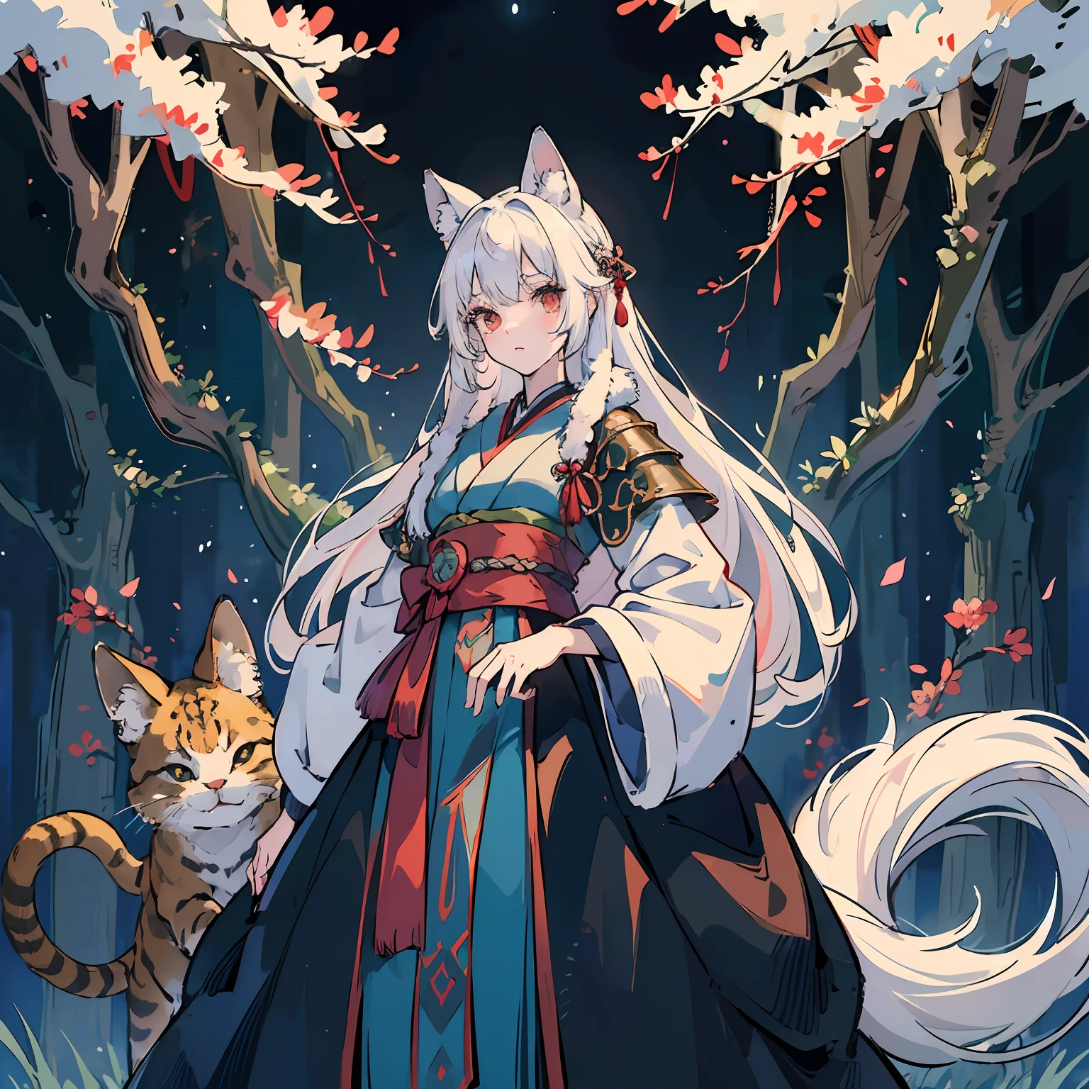 ((Master masterpiece)), ((Top image quality)), illustratio, Girl standing in the forest at night、The forest is desolate、Hair color, Bangs, Hairstyle Fax,Cat's ears、 slender、constricted hips、White hair、((Wearing fur))、Japanese armor、The armor is tattered、Behind the girl is a big cat、princessmononoke