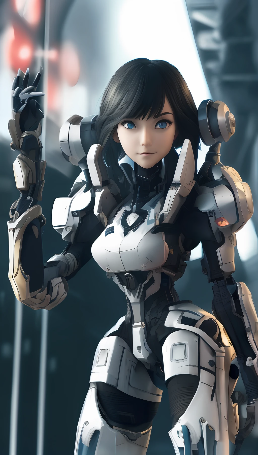 masterpiece,best quality,Ultra-high resolution,Realistic,sense of reality,The ultimate detail,8K wallpaper,Professional lighting,The perfect hand,Realistic hands,1girl,solo,standing,full body,(long black hair:1.1),jixieji,Wearing a mecha,mechanical joint,dynamic posture,Universe,Earth,machinery,Heela collections,Mecha girl sexaroid,Chain link fence,Real