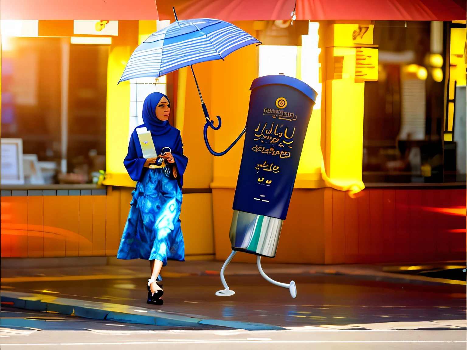 A Muslim woman walking with a jar of sun cream is walking with an umbrella open for her.