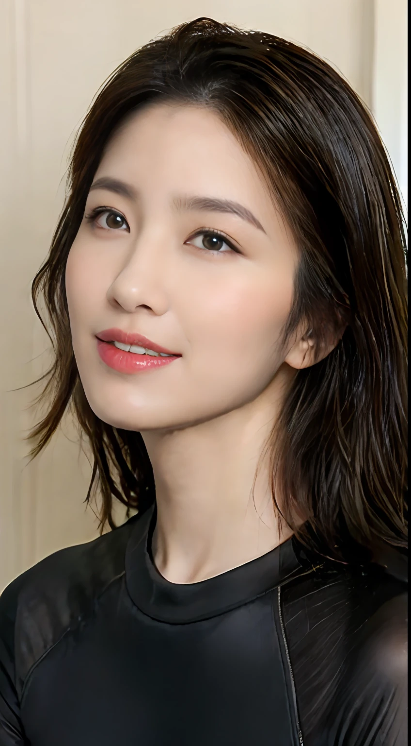 (top-quality)、A Japanese Lady、1girl in、dark brown hair)、The sheen、ratex、wet suit、hyperdetailed face、detailed lips、A detailed eye、red lipsticks