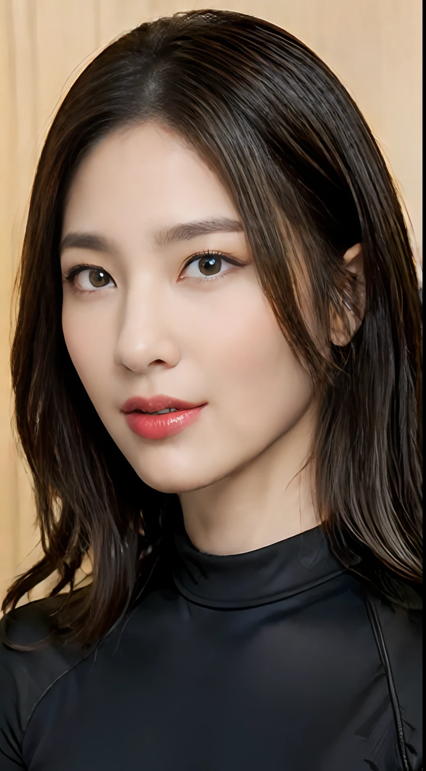 (top-quality)、A Japanese Lady、1girl in、dark brown hair)、The sheen、ratex、wet suit、hyperdetailed face、detailed lips、A detailed eye、red lipsticks