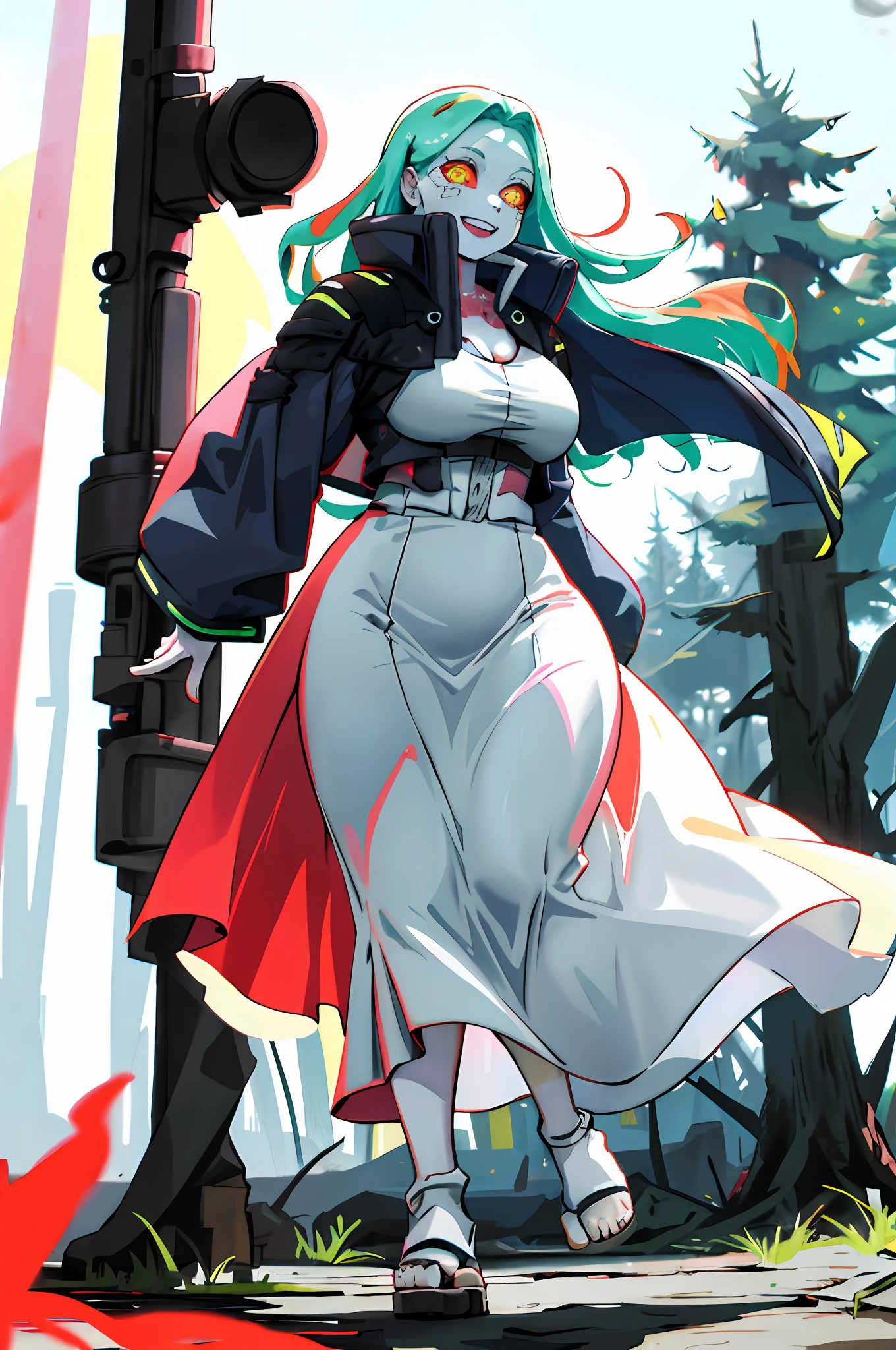rebecca \(cyberpunk\), mechanical eye, colored sclera, red sclera, colored skin, white skin,1girl, red pupils, long skirt, curvy, thicc, walking, vest, long skirt, tall girl, iceland tundra, happy, smile, forest, big breast, flip flops