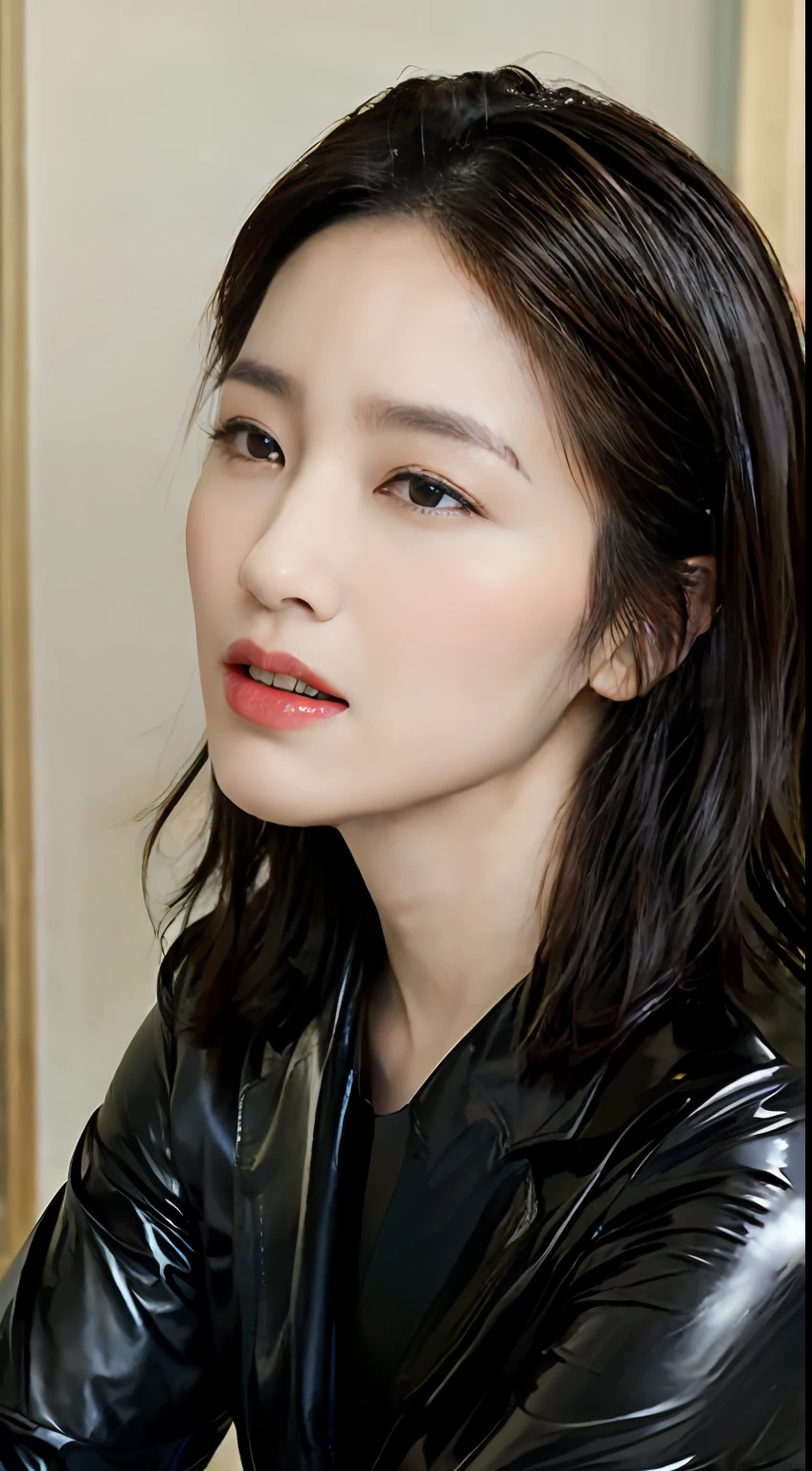 (top-quality､​masterpiece)、Photos of Japan women、女の子1人、(Drooling 1.8)、(crouching down)、(The sheen、latex suit)、Shorthair、closing eye､red lipsticks、Opening Mouth