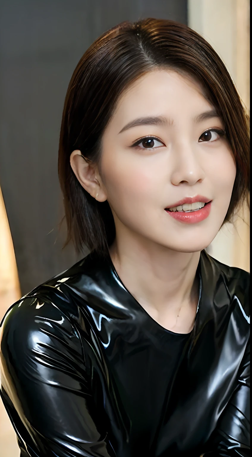(top-quality、masterpiece)、Photos of Japan women、女の子1人、(Drooling 1.8)、(crouching down)、(The sheen、latex suit)、Shorthair、closing eye、red lipsticks、Opening Mouth