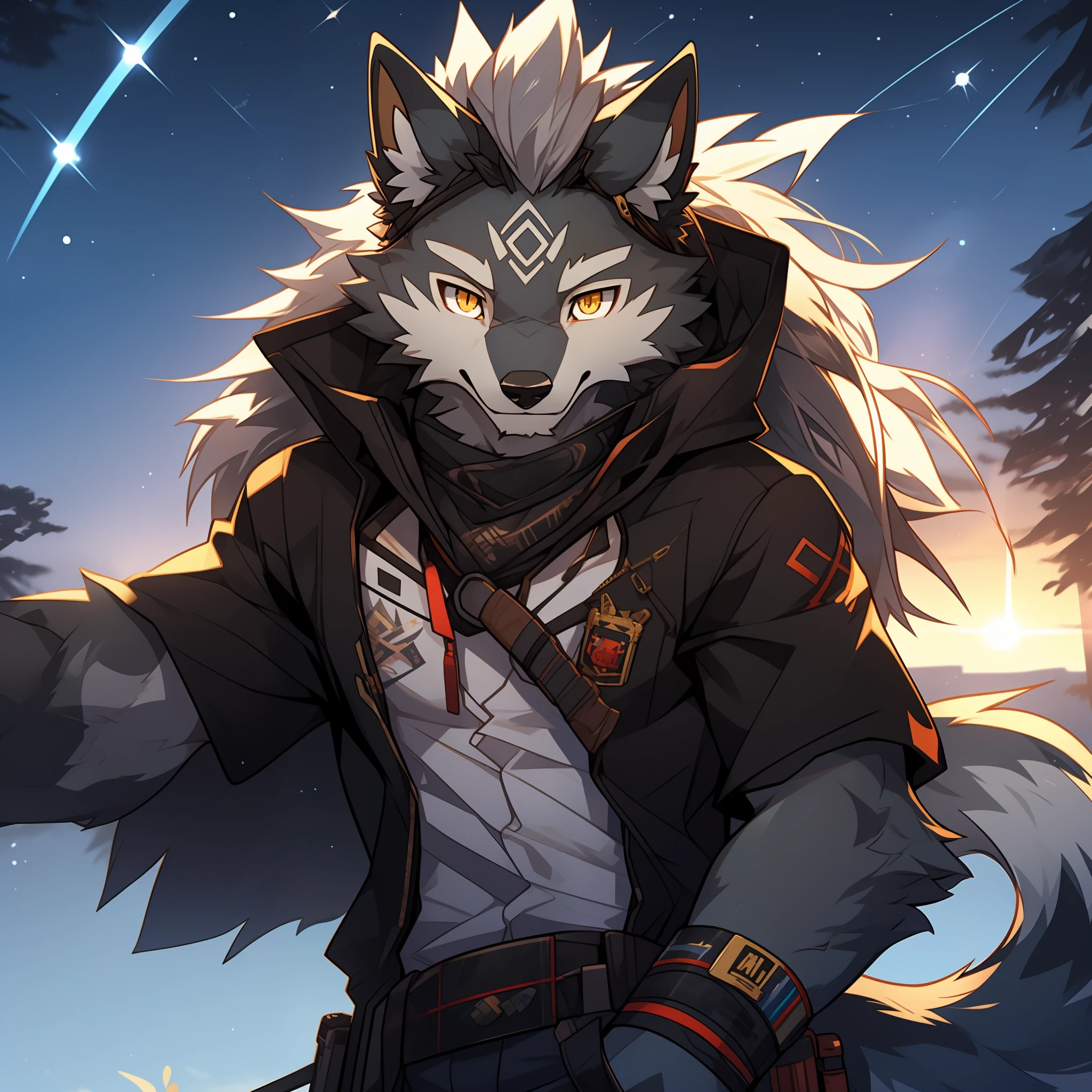 Furry，gray wolf，long whitr hair，Golden pupils，sniper gun，starrysky